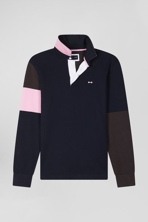 Regular brown long-sleeved cotton rugby shirt with tie fabric patchwork - Image 2