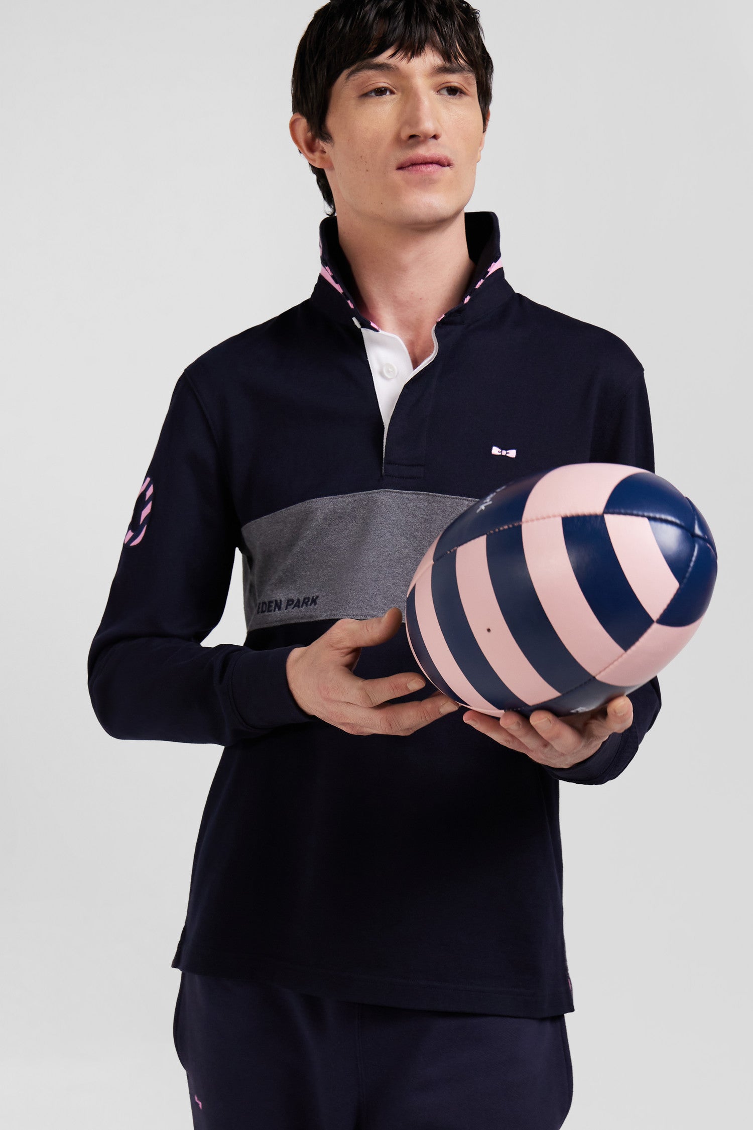 Regular navy long-sleeved cotton rugby shirt with sleeve N°10 embroidery