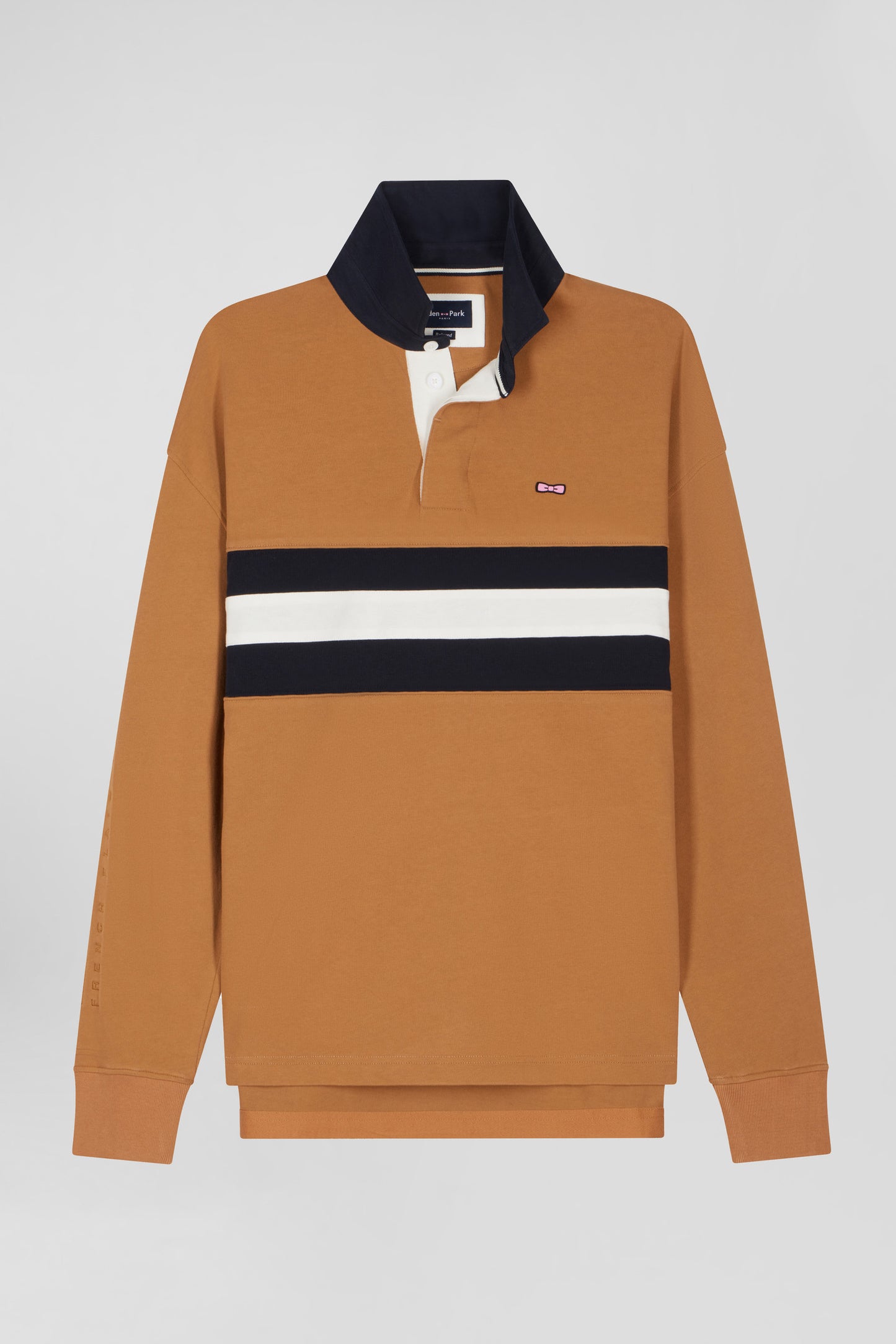 Relaxed camel embroidered long-sleeved cotton rugby shirt