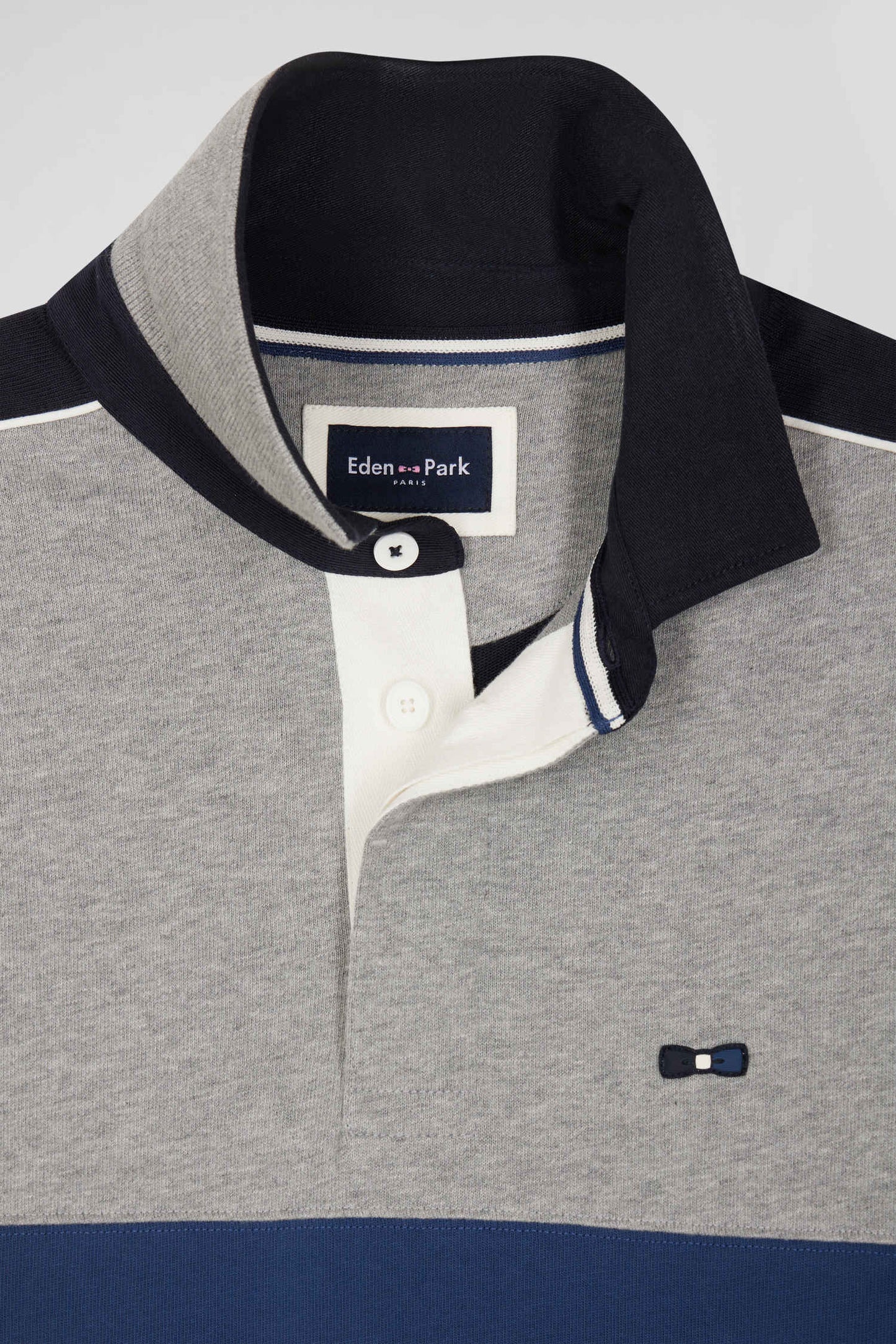 Regular blue and grey colorblock long-sleeved cotton rugby shirt