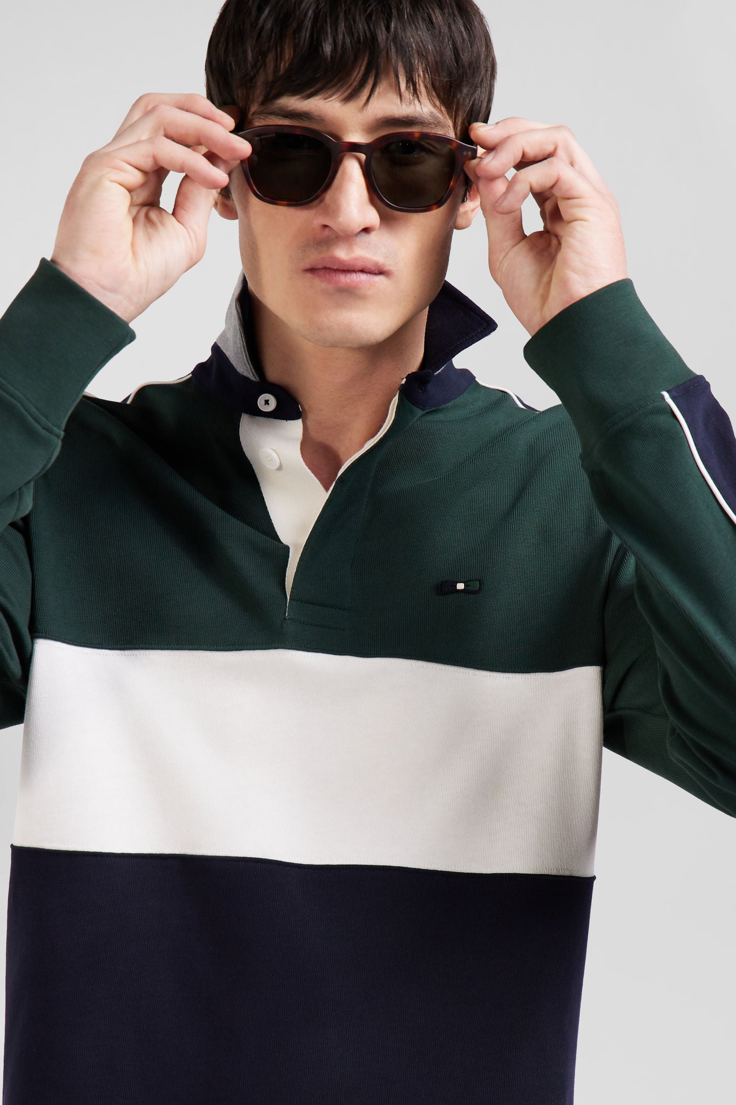 Regular green and navy blue colorblock long-sleeved cotton rugby shirt