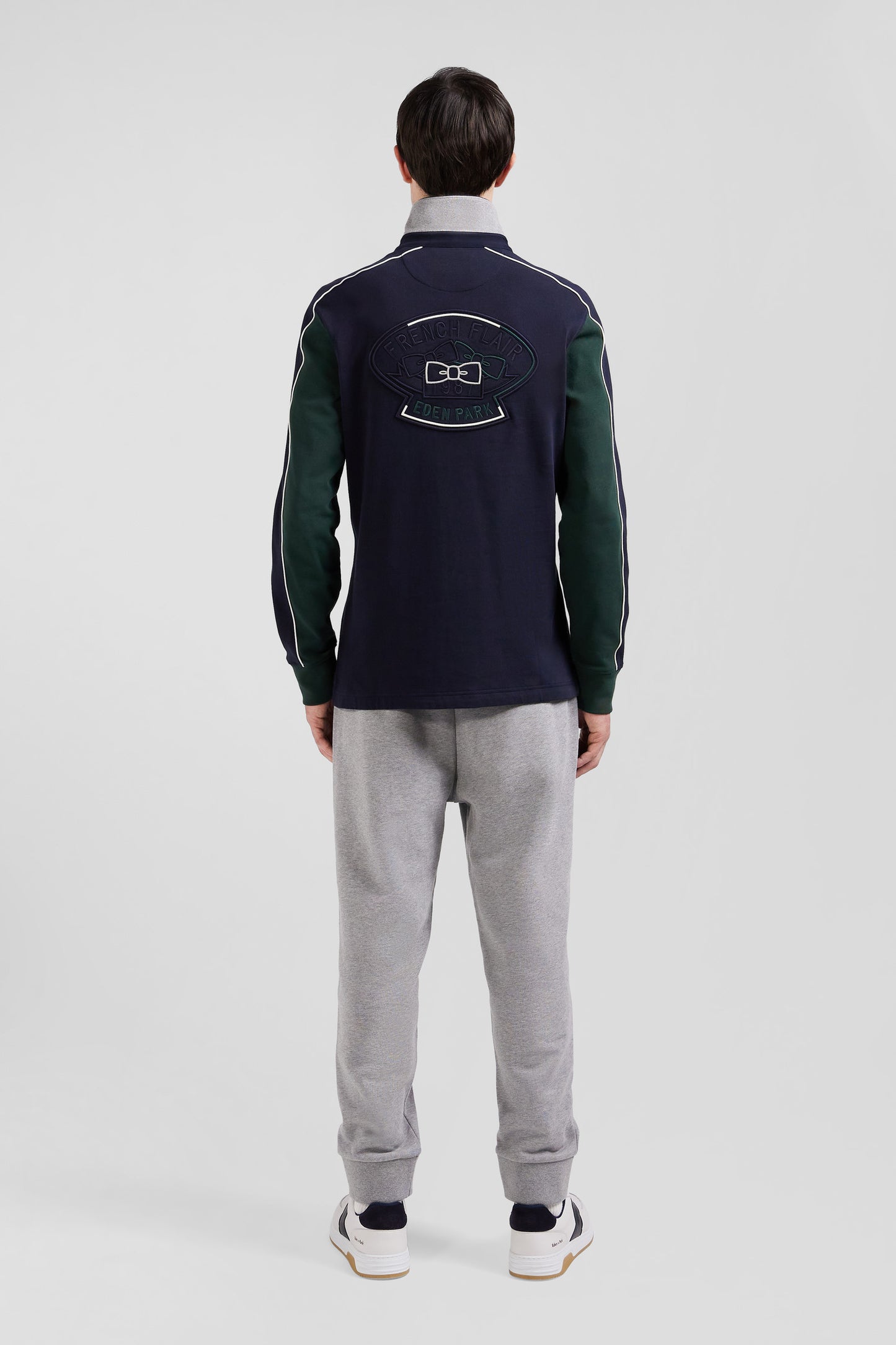 Regular green and navy blue colorblock long-sleeved cotton rugby shirt