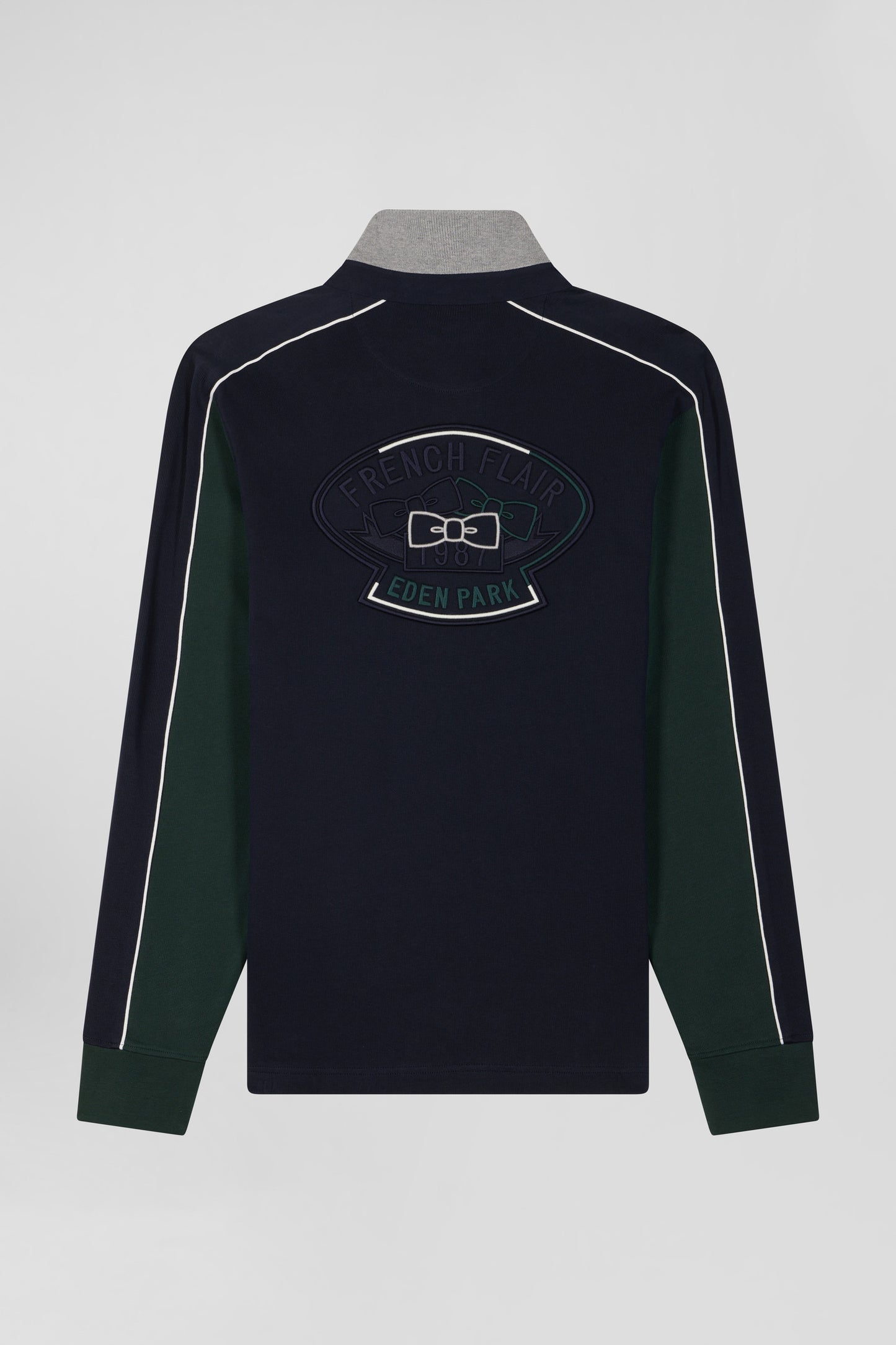 Regular green and navy blue colorblock long-sleeved cotton rugby shirt