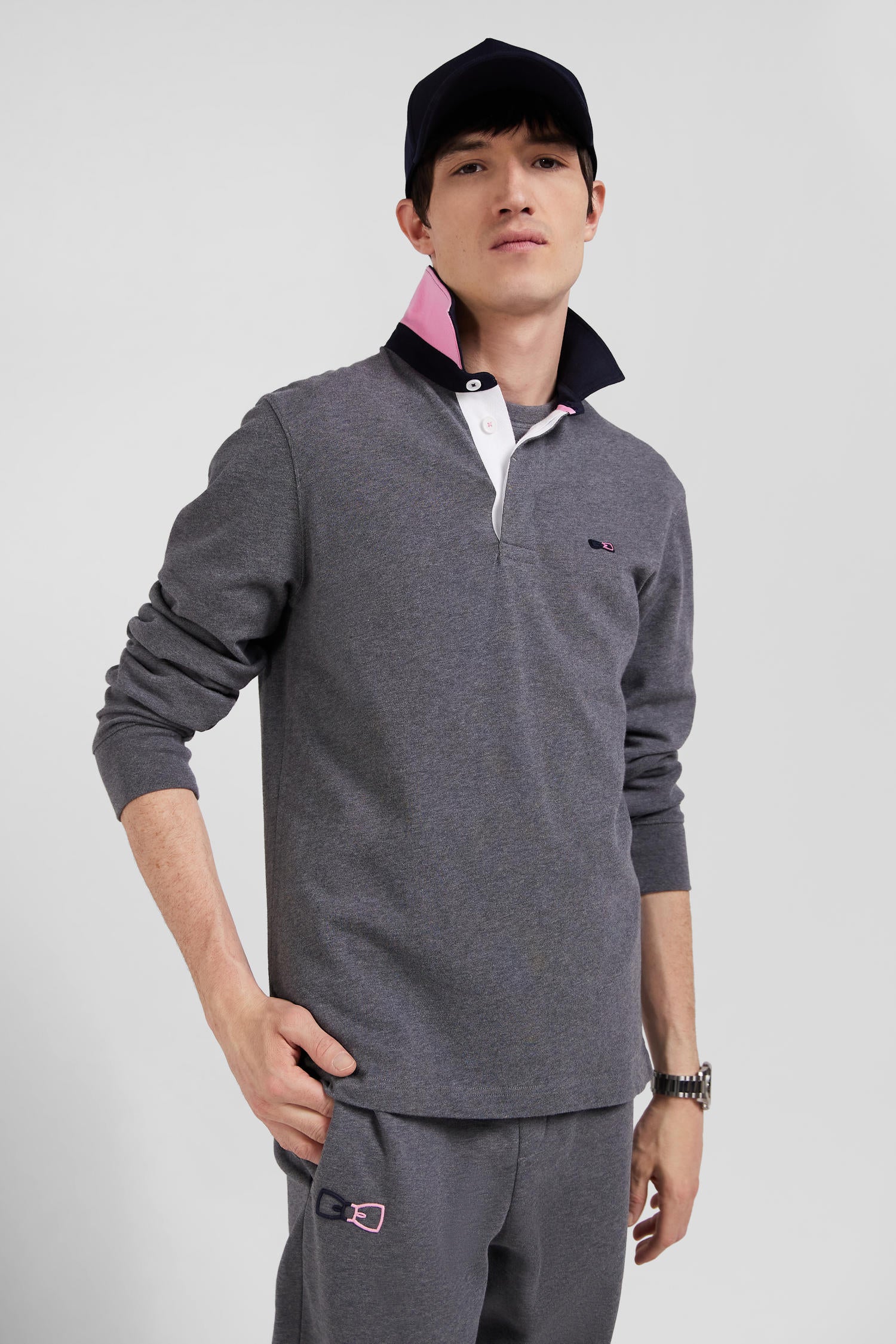 Regular grey long-sleeved cotton rugby shirt with bow tie details