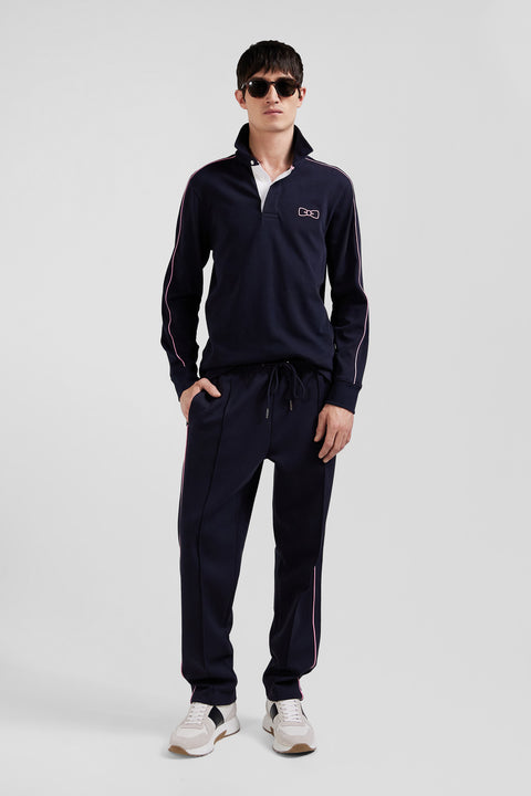 Regular navy blue long-sleeved cotton rugby shirt with pink piping - Image 1