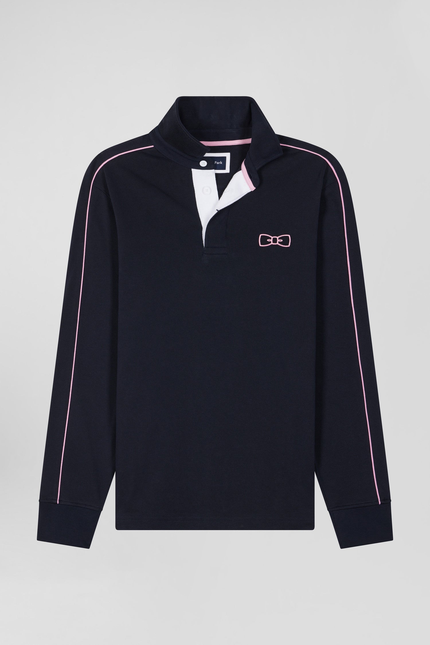 Regular navy blue long-sleeved cotton rugby shirt with pink piping