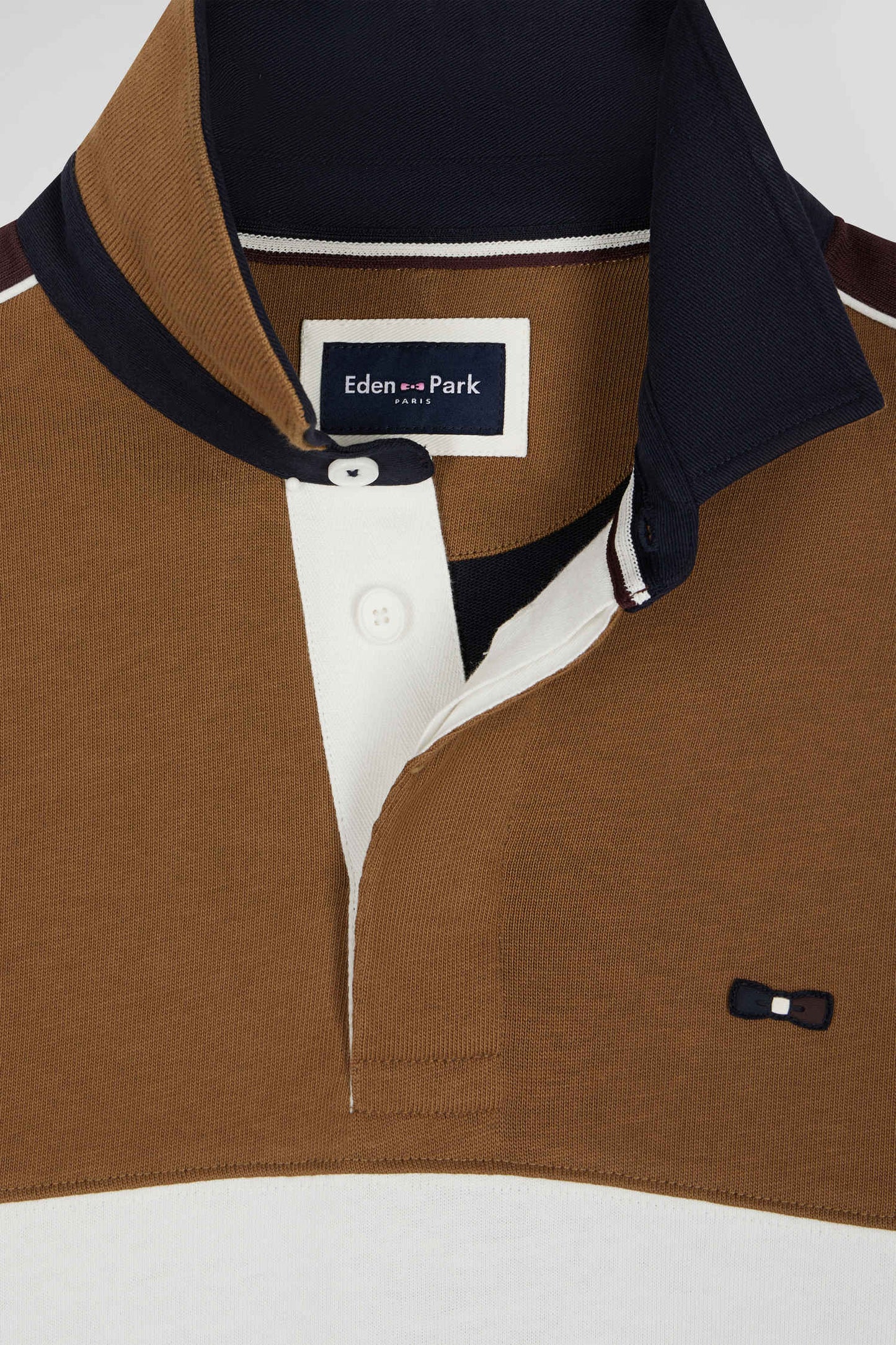 Regular camel long-sleeved cotton rugby shirt with back embroidery and piping