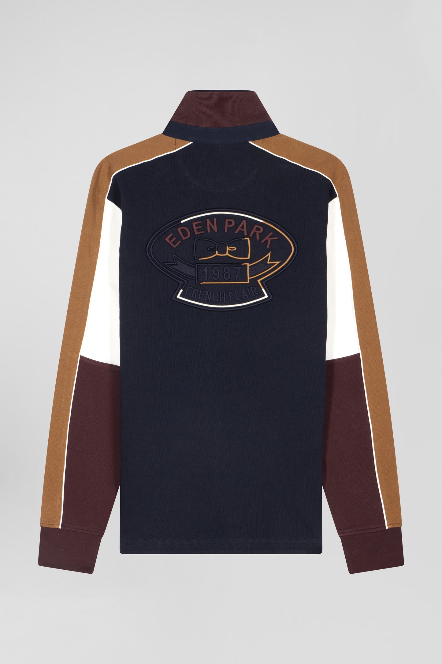Regular burgundy long-sleeved cotton rugby shirt with back embroidery and piping