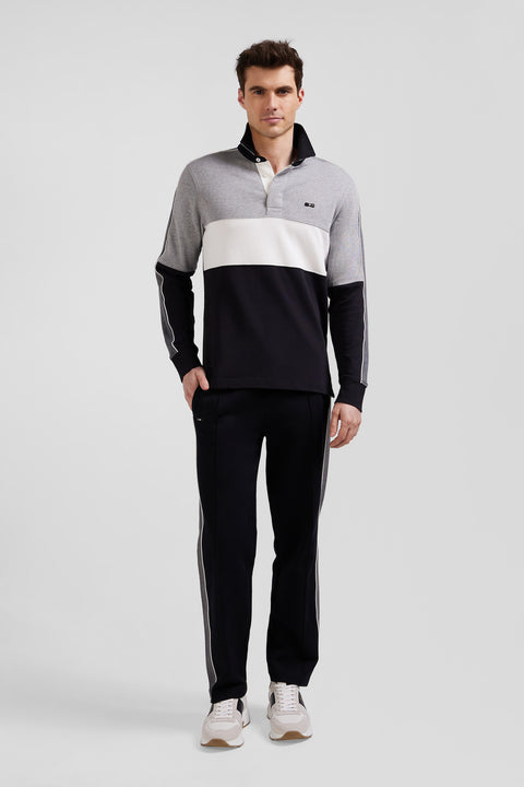 Regular black long-sleeved cotton rugby shirt with back embroidery and piping - Image 1