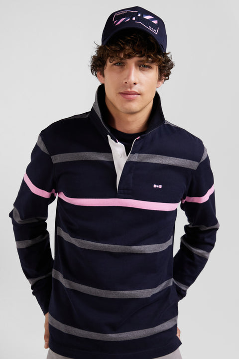 Regular grey striped long-sleeved cotton rugby shirt with back embroidery - Image 3