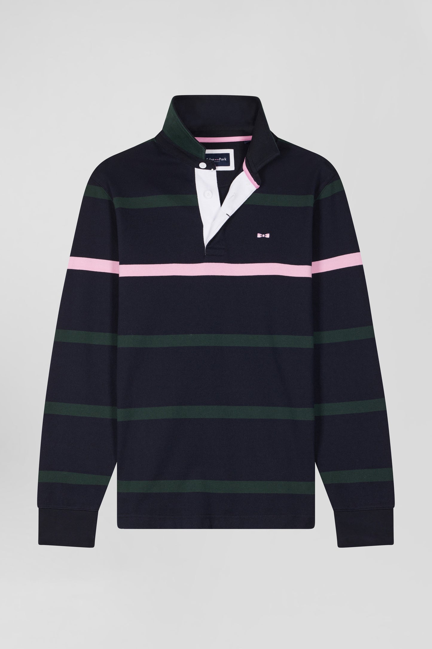 Regular green striped long-sleeved cotton rugby shirt with back embroidery