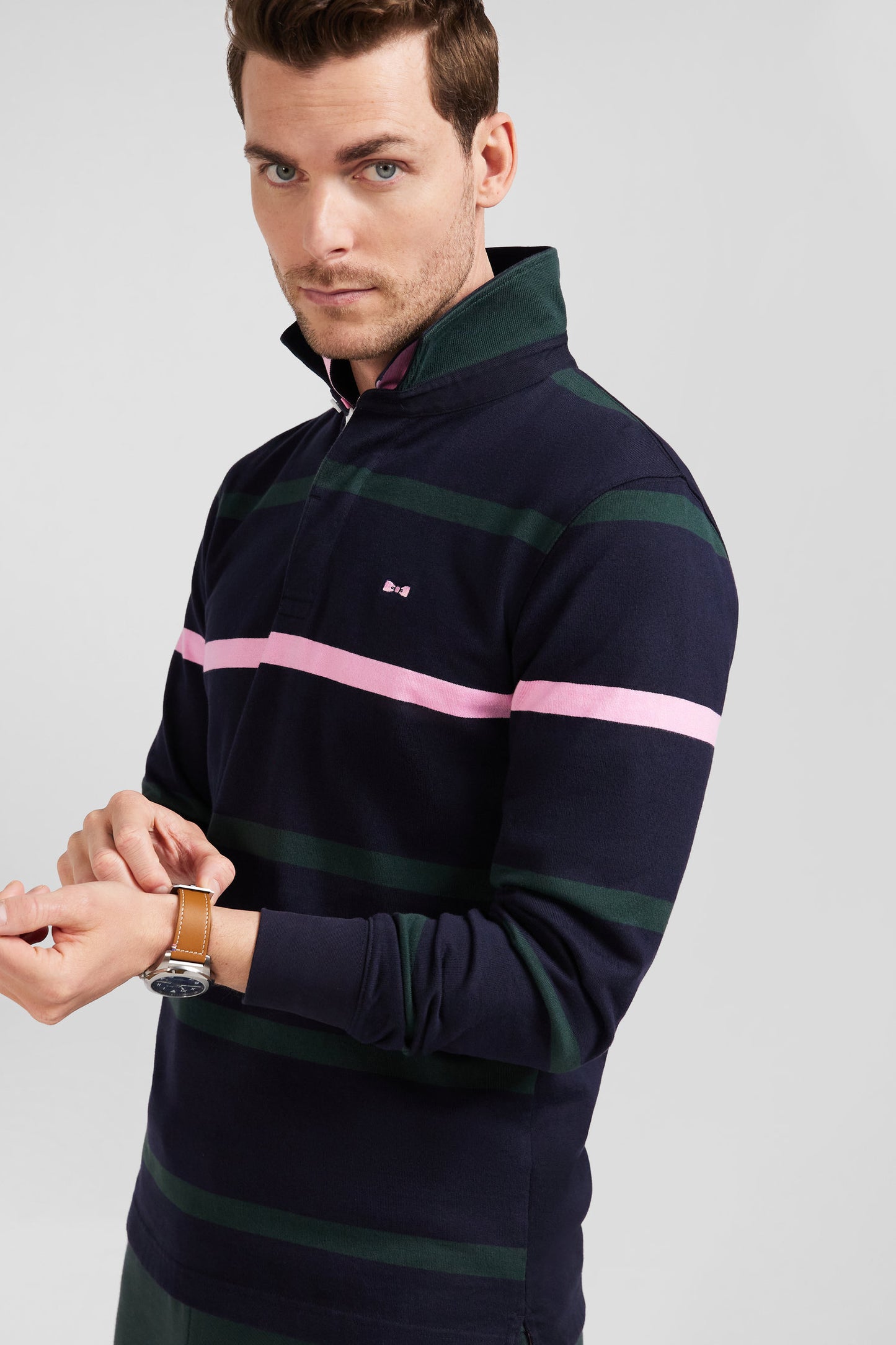 Regular green striped long-sleeved cotton rugby shirt with back embroidery