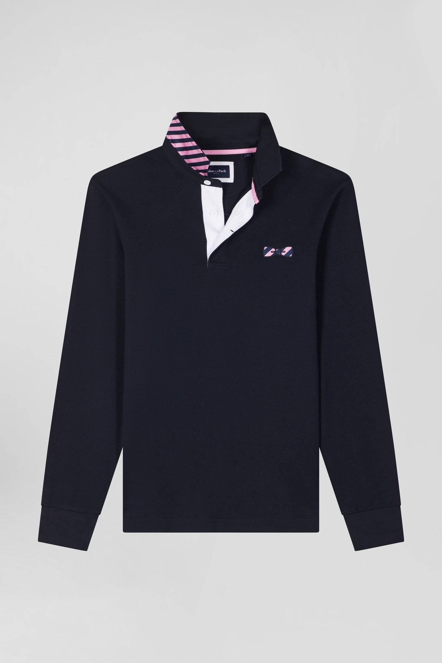 Regular navy blue striped long-sleeved cotton rugby shirt with tie fabric patchwork