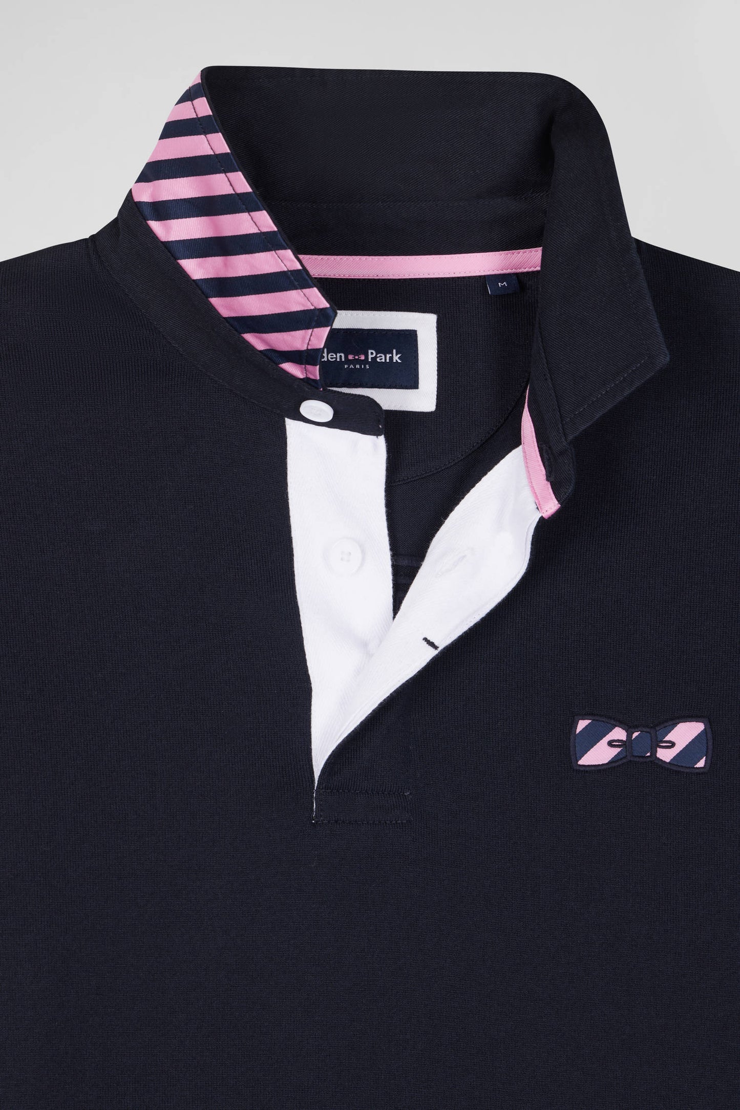 Regular navy blue striped long-sleeved cotton rugby shirt with tie fabric patchwork