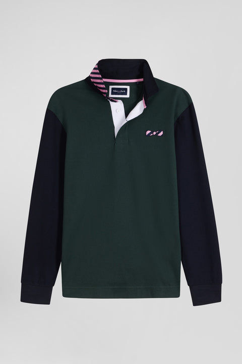 Regular green striped long-sleeved cotton rugby shirt with tie fabric patchwork - Image 2