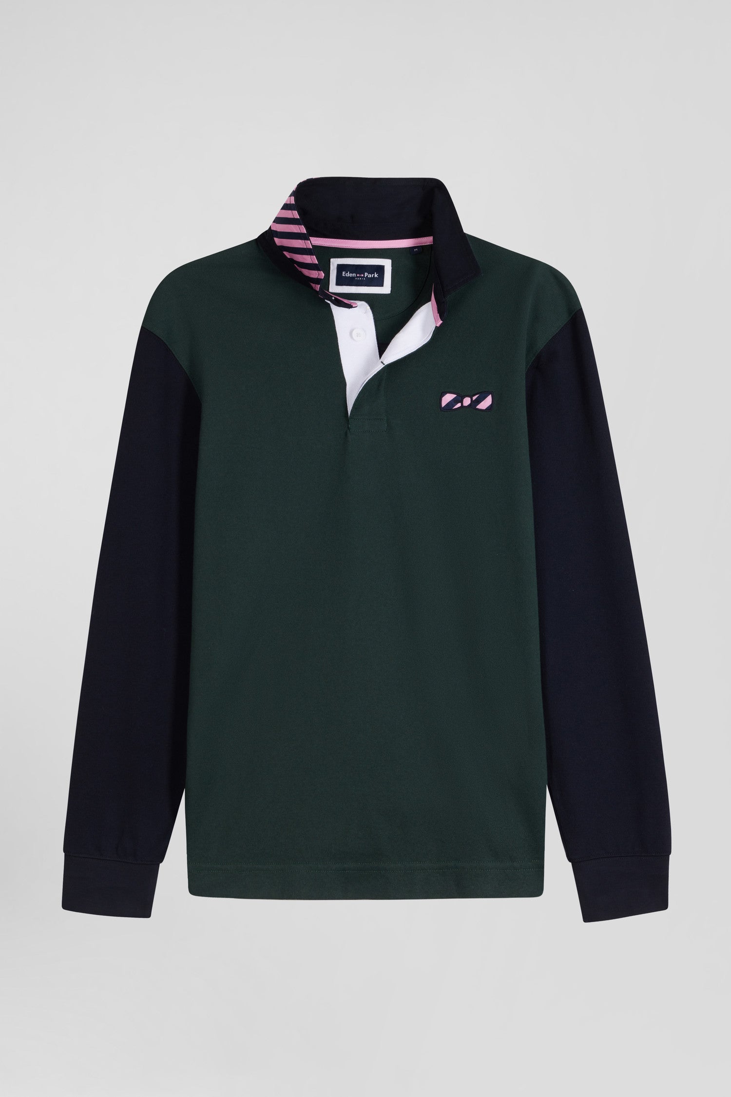 Regular green striped long-sleeved cotton rugby shirt with tie fabric patchwork