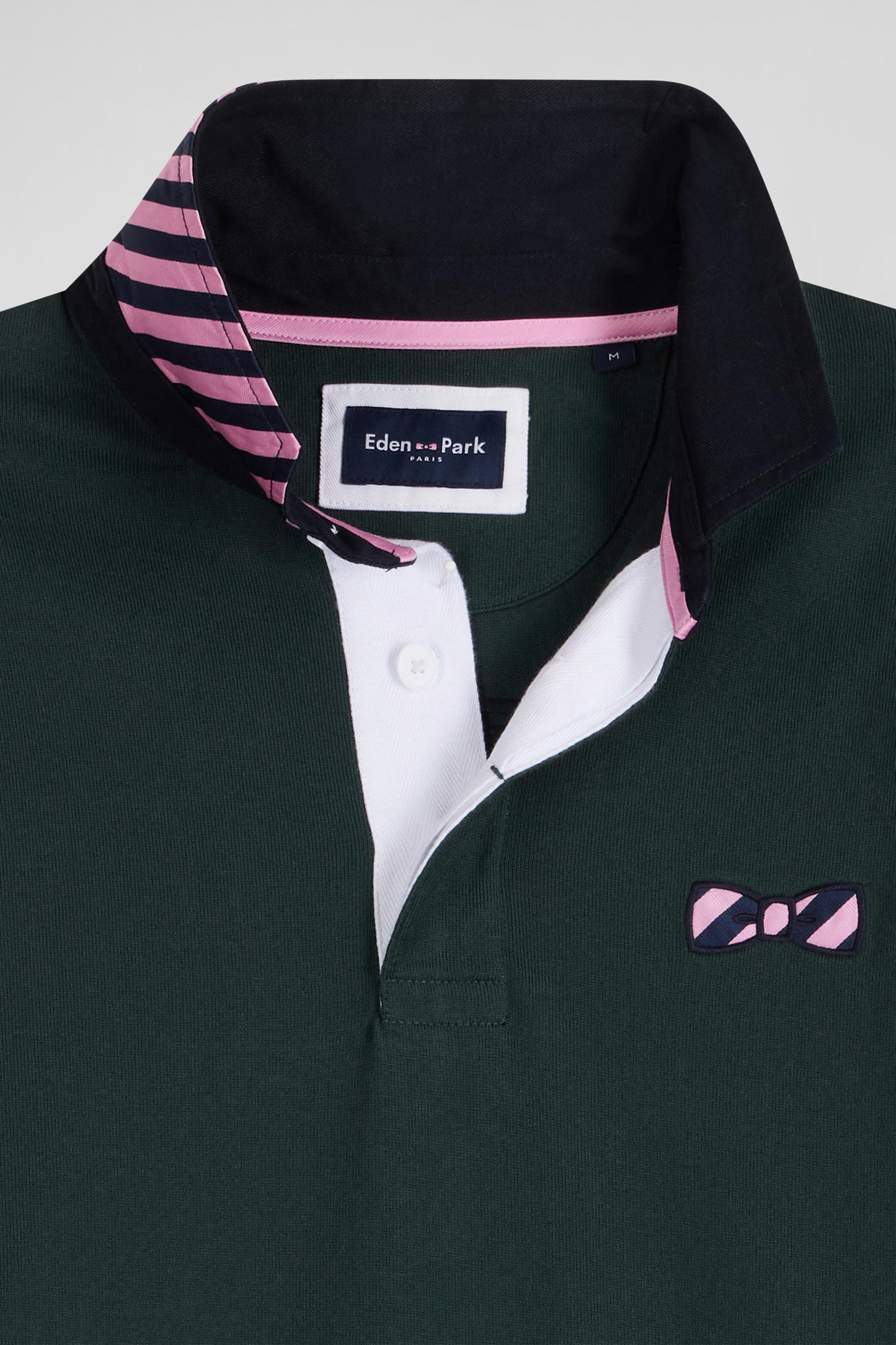 Regular green striped long-sleeved cotton rugby shirt with tie fabric patchwork