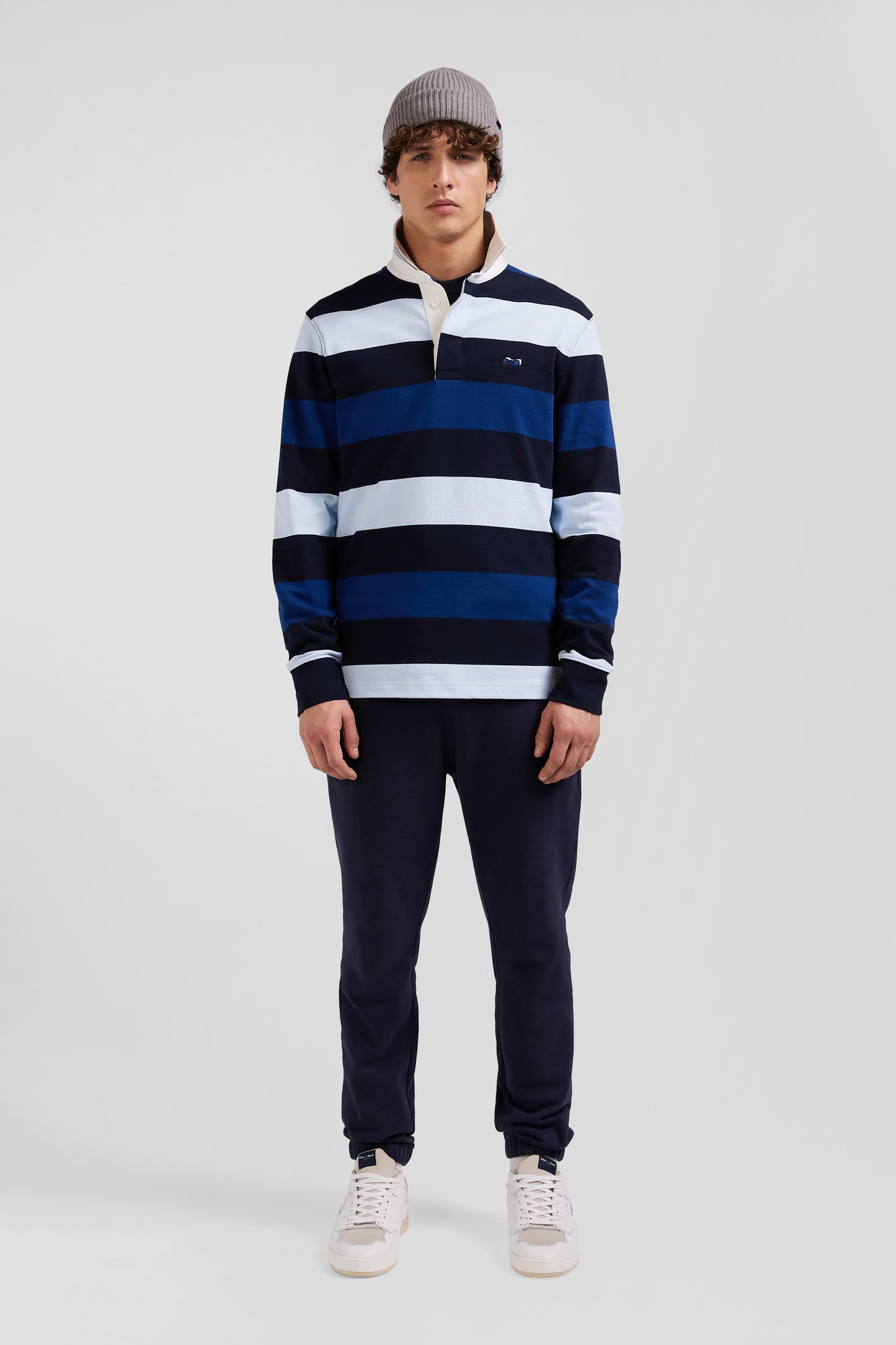 Regular navy striped long-sleeved cotton rugby shirt