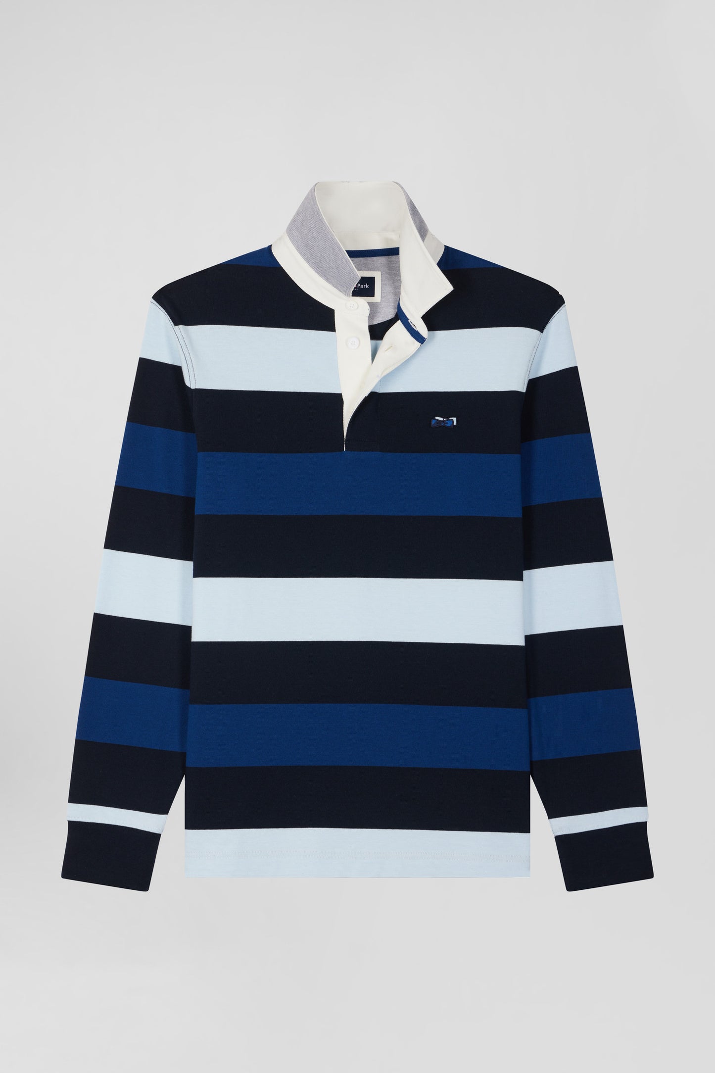 Regular navy striped long-sleeved cotton rugby shirt