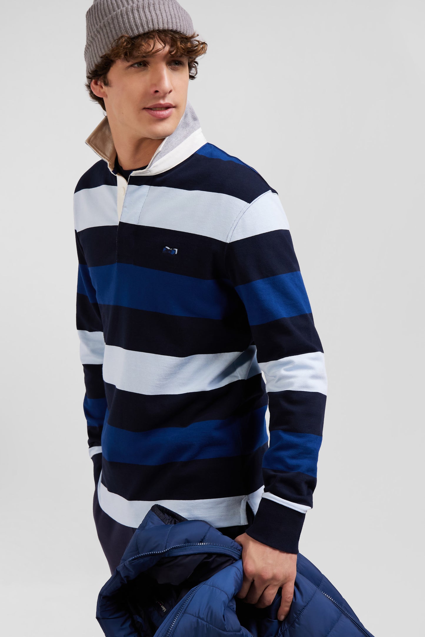 Regular navy striped long-sleeved cotton rugby shirt