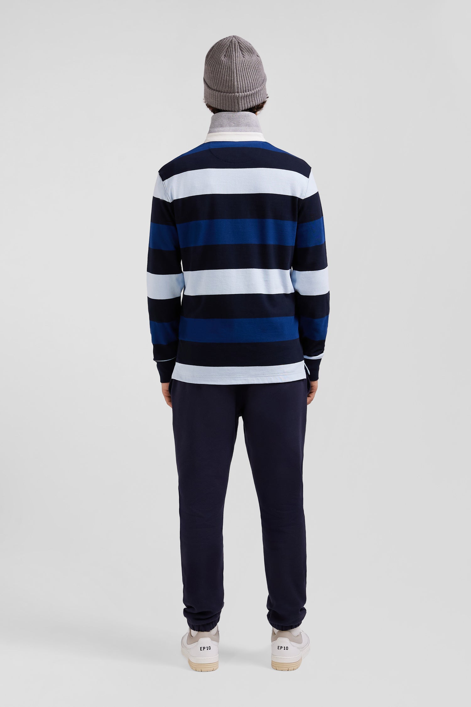 Regular navy striped long-sleeved cotton rugby shirt