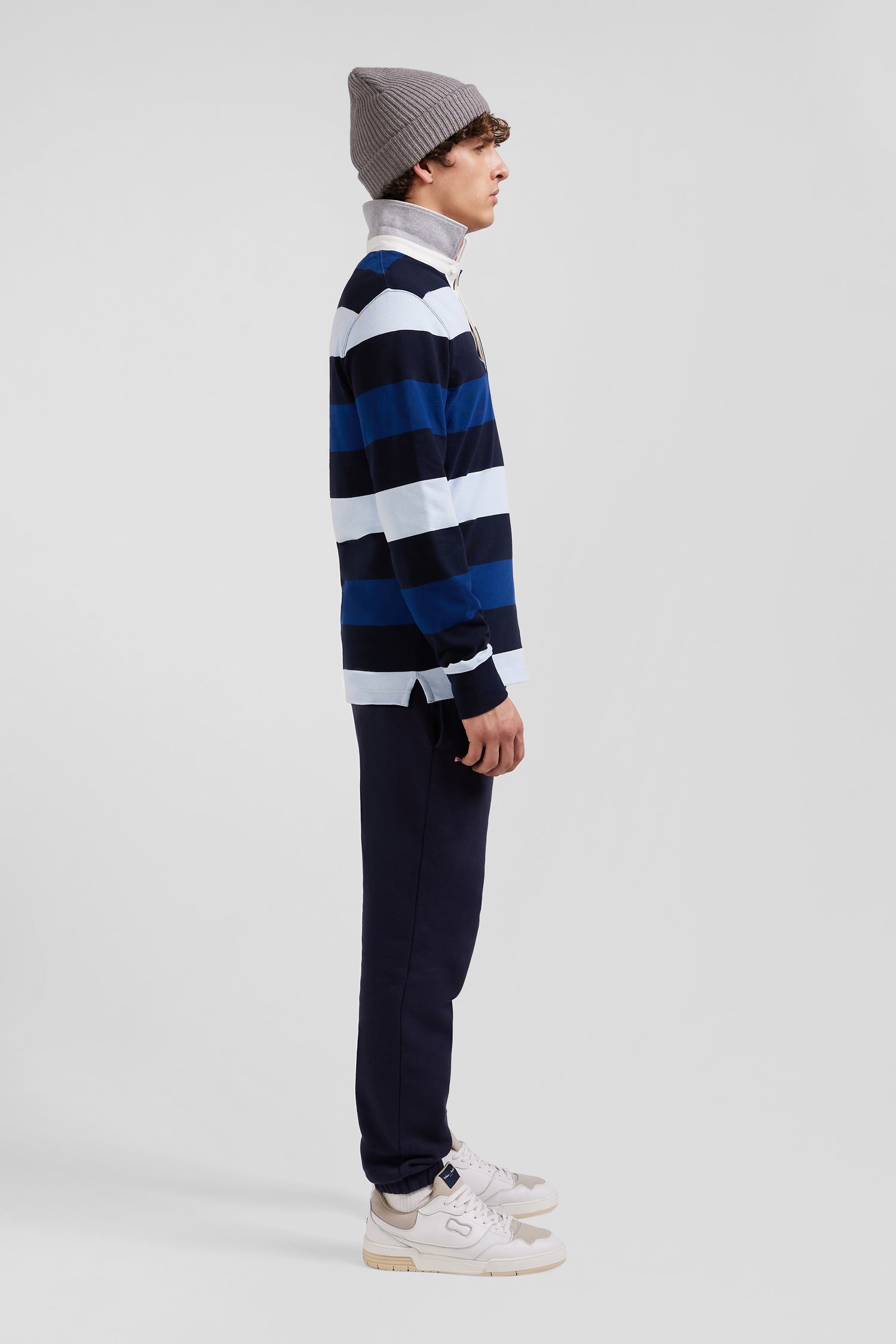 Regular navy striped long-sleeved cotton rugby shirt