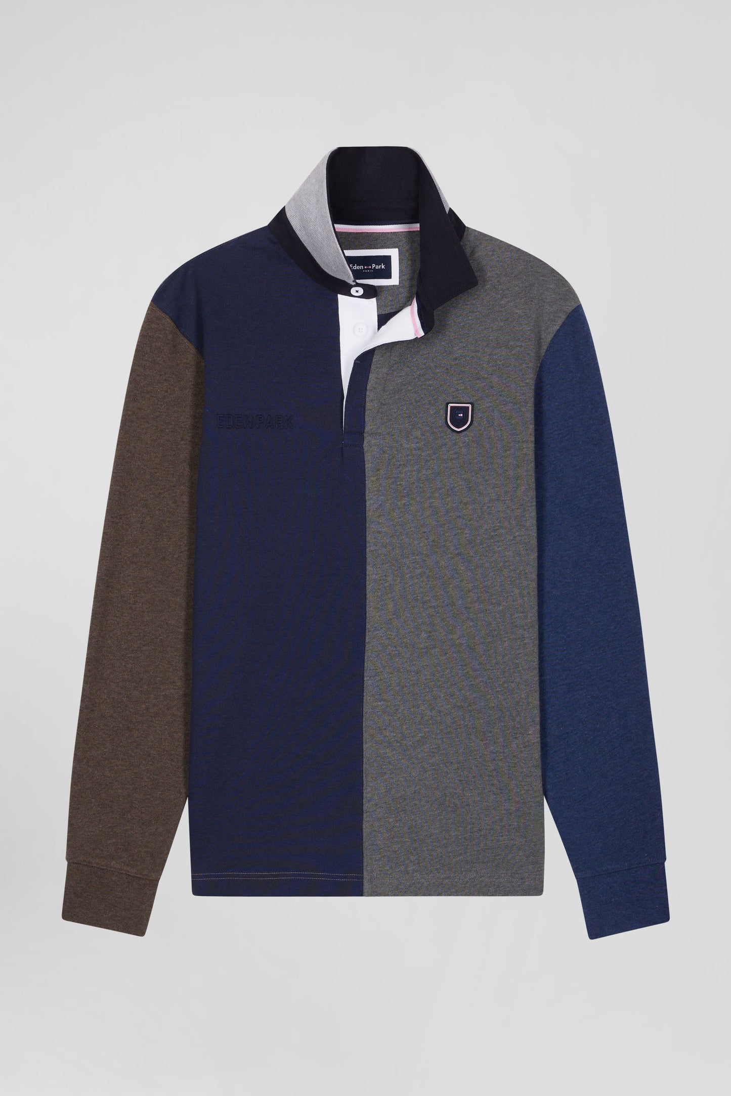 Regular grey colorblock long-sleeved cotton rugby shirt