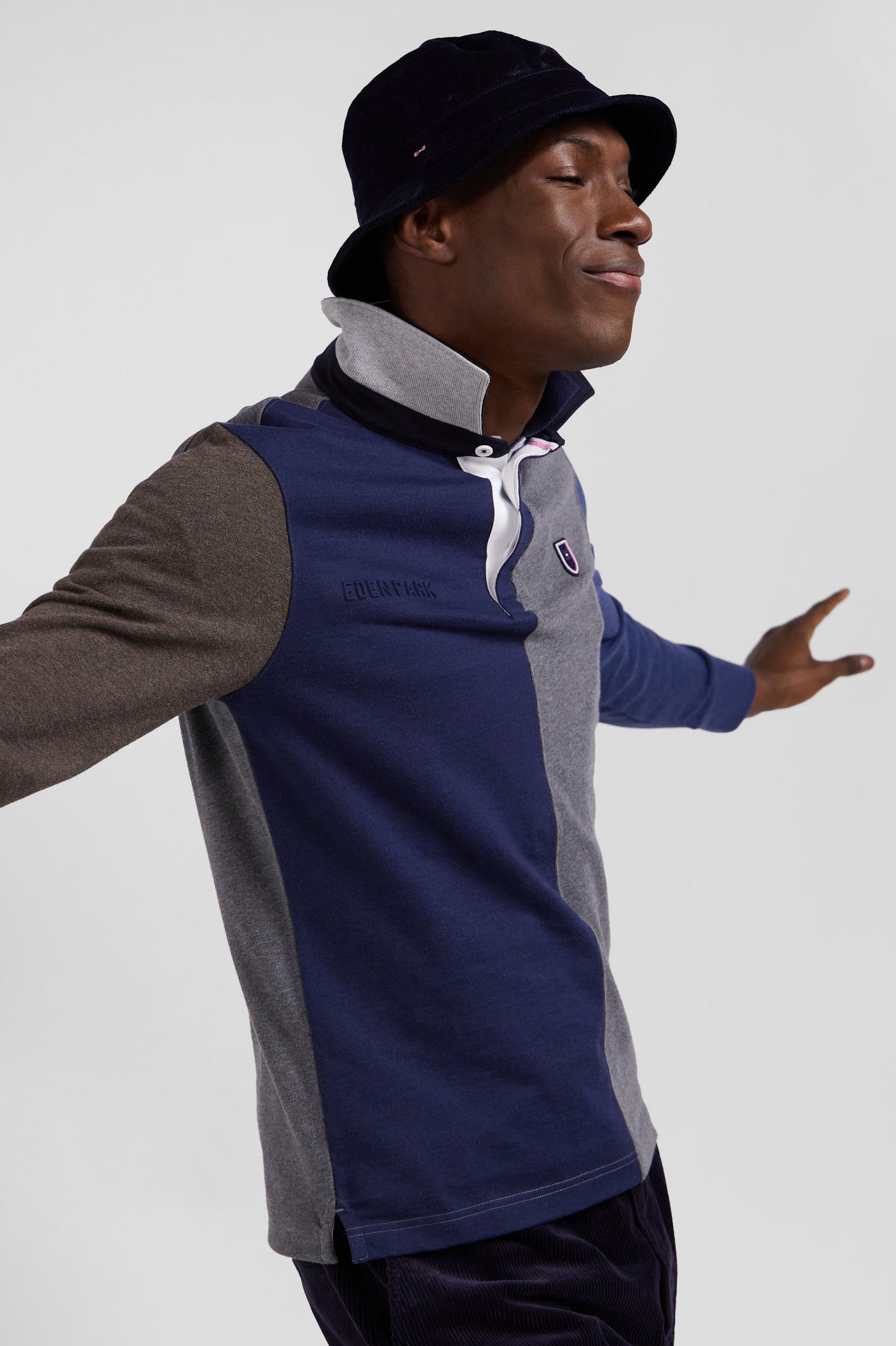 Regular grey colorblock long-sleeved cotton rugby shirt