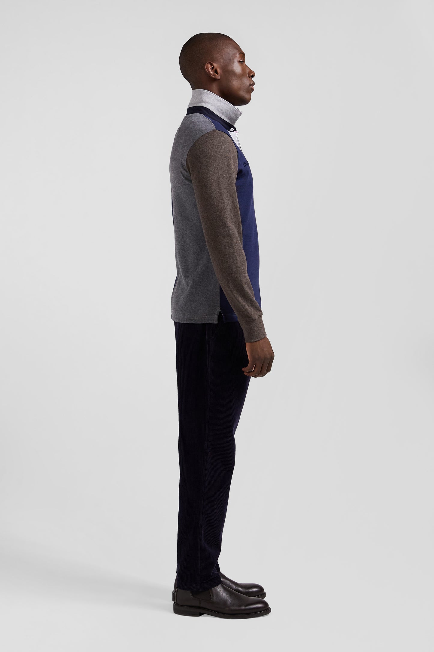 Regular grey colorblock long-sleeved cotton rugby shirt