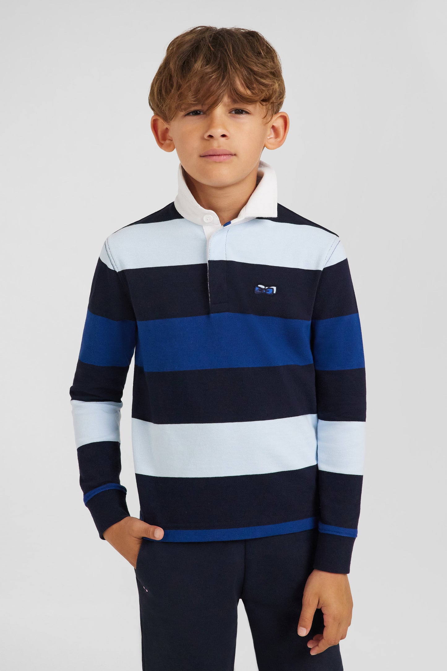 Regular navy blue striped long-sleeved cotton rugby shirt