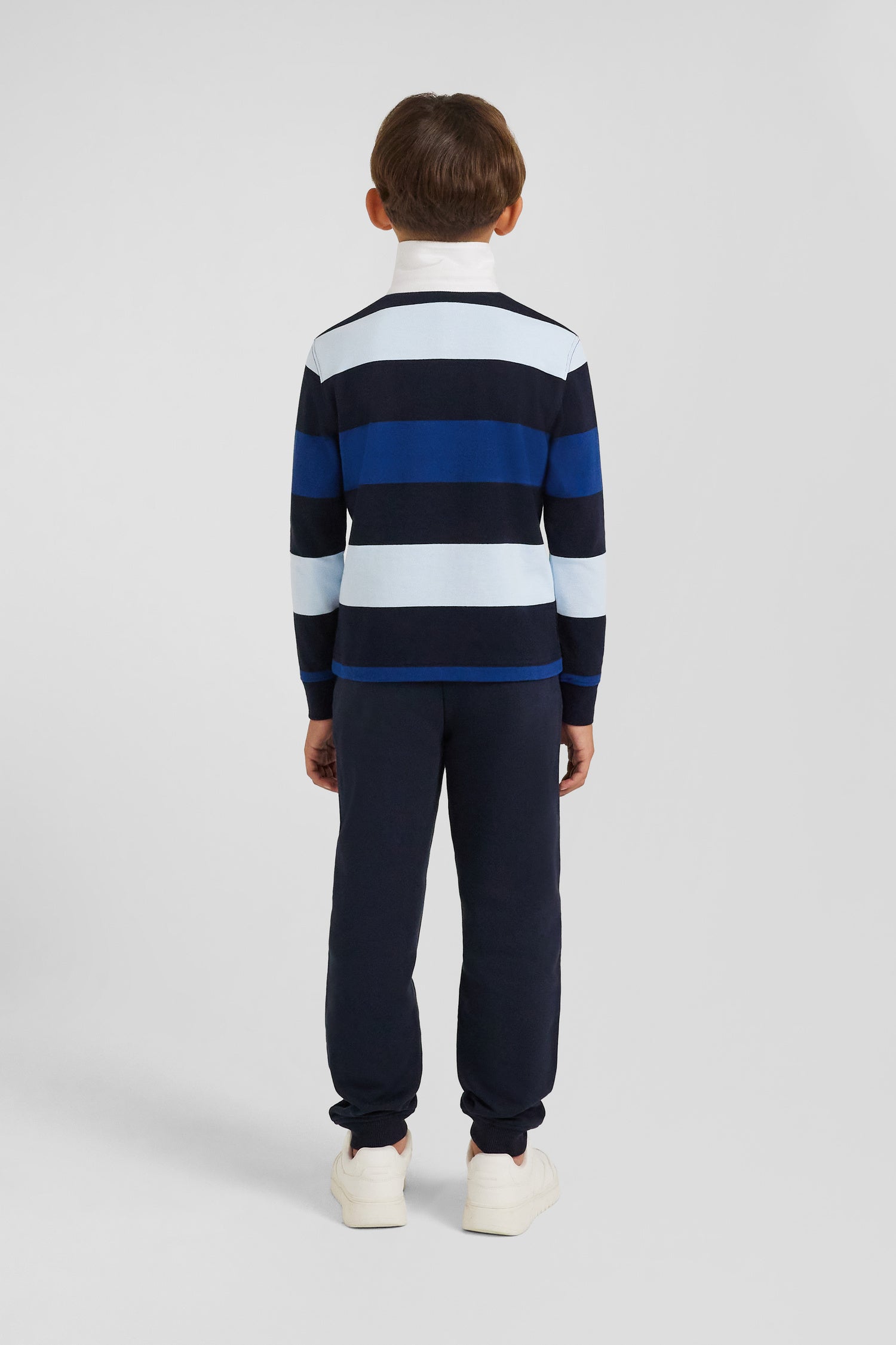 Regular navy blue striped long-sleeved cotton rugby shirt