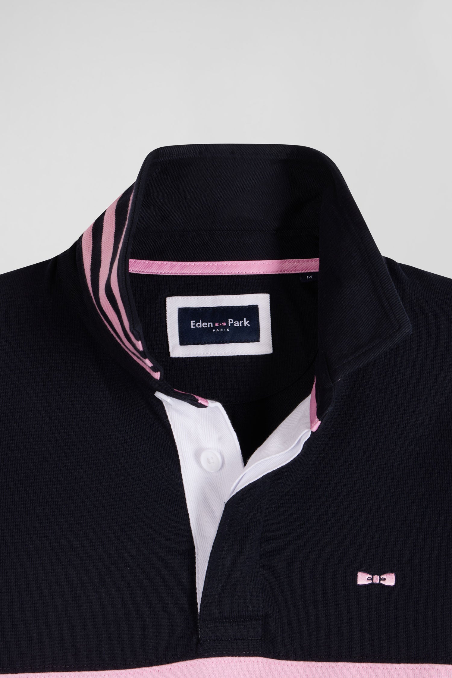 Regular long-sleeved cotton rugby shirt with navy and pink stripes