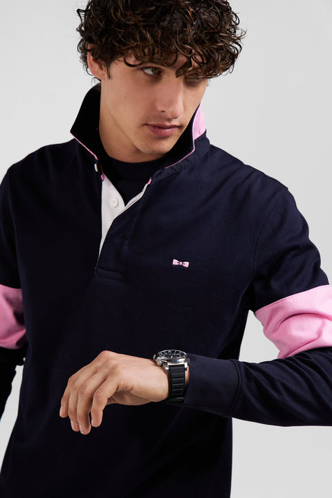 Regular navy blue long-sleeved cotton rugby shirt with bow tie embroidery - Image 3