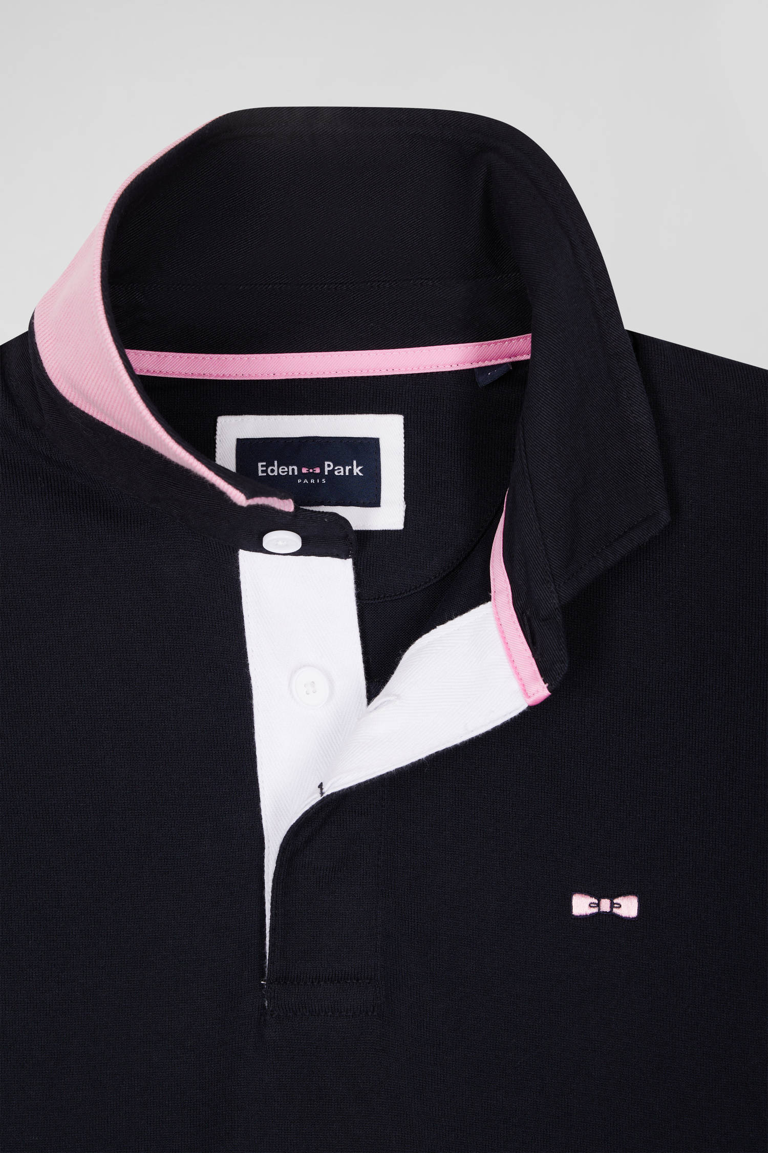 Regular navy blue long-sleeved cotton rugby shirt with bow tie embroidery