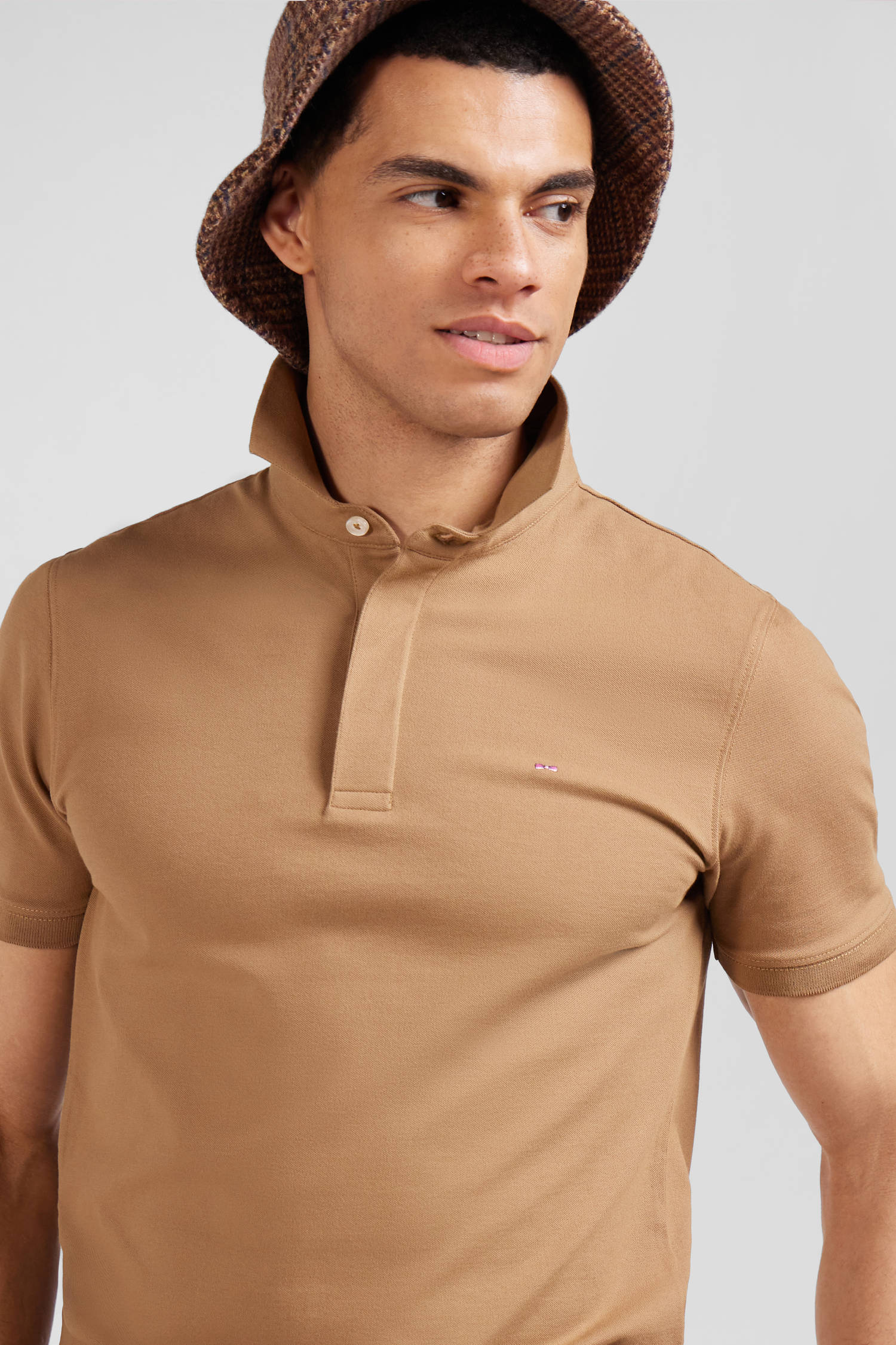 Slim camel short-sleeved stretch cotton polo shirt