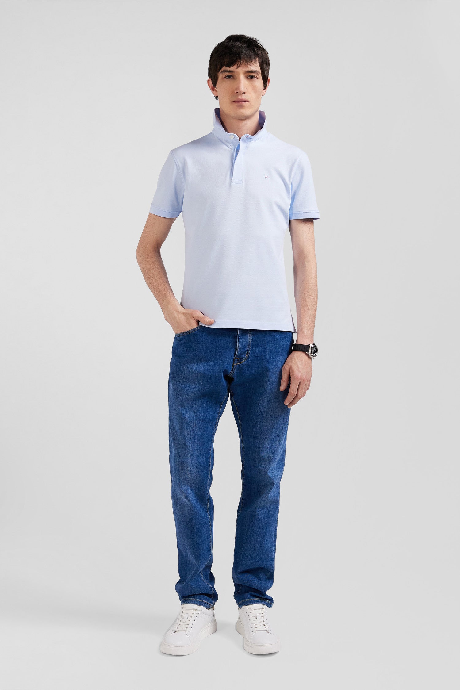 Slim sky blue short-sleeved stretch cotton polo shirt