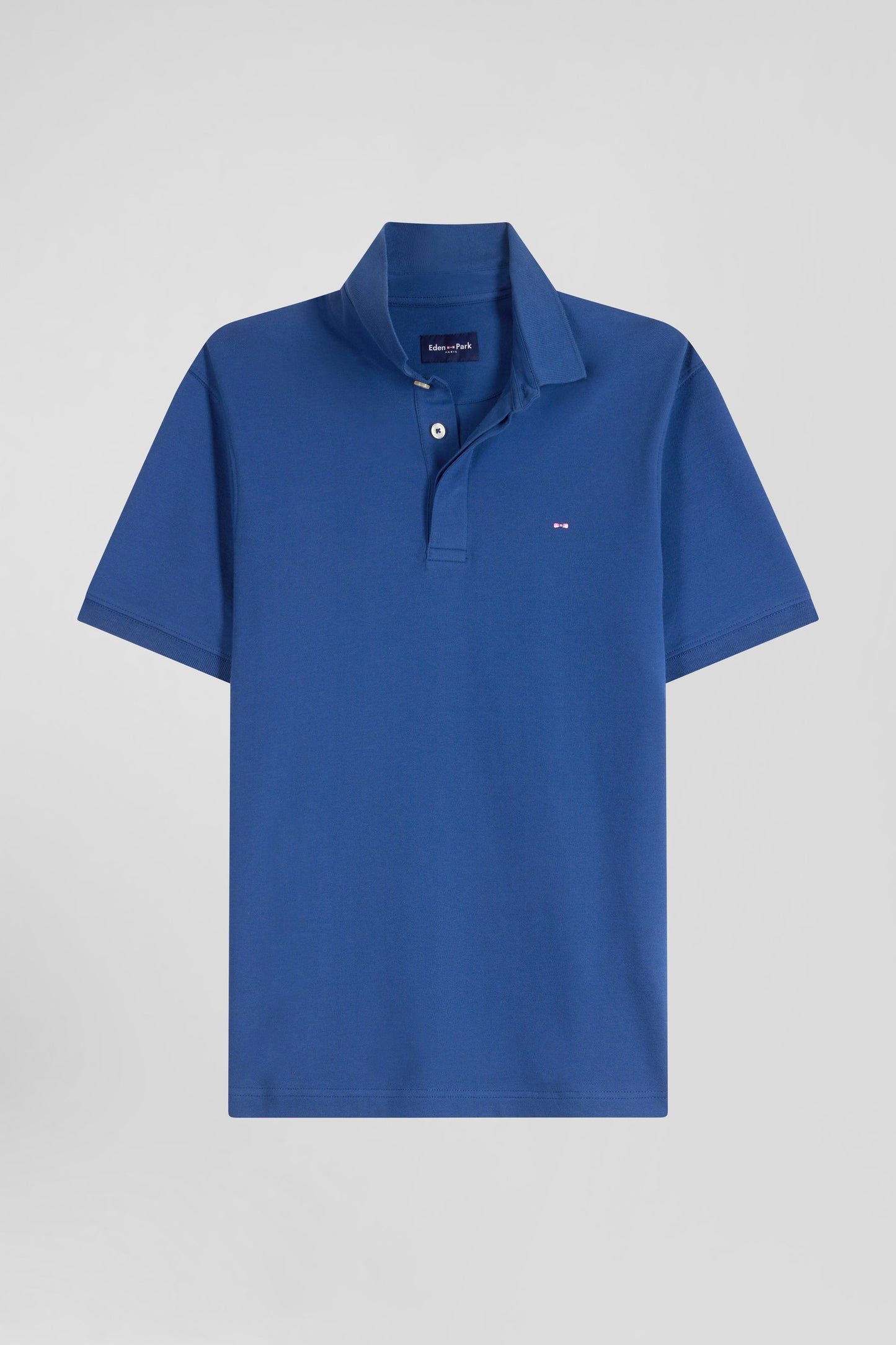 Slim dark blue short-sleeved stretch cotton polo shirt