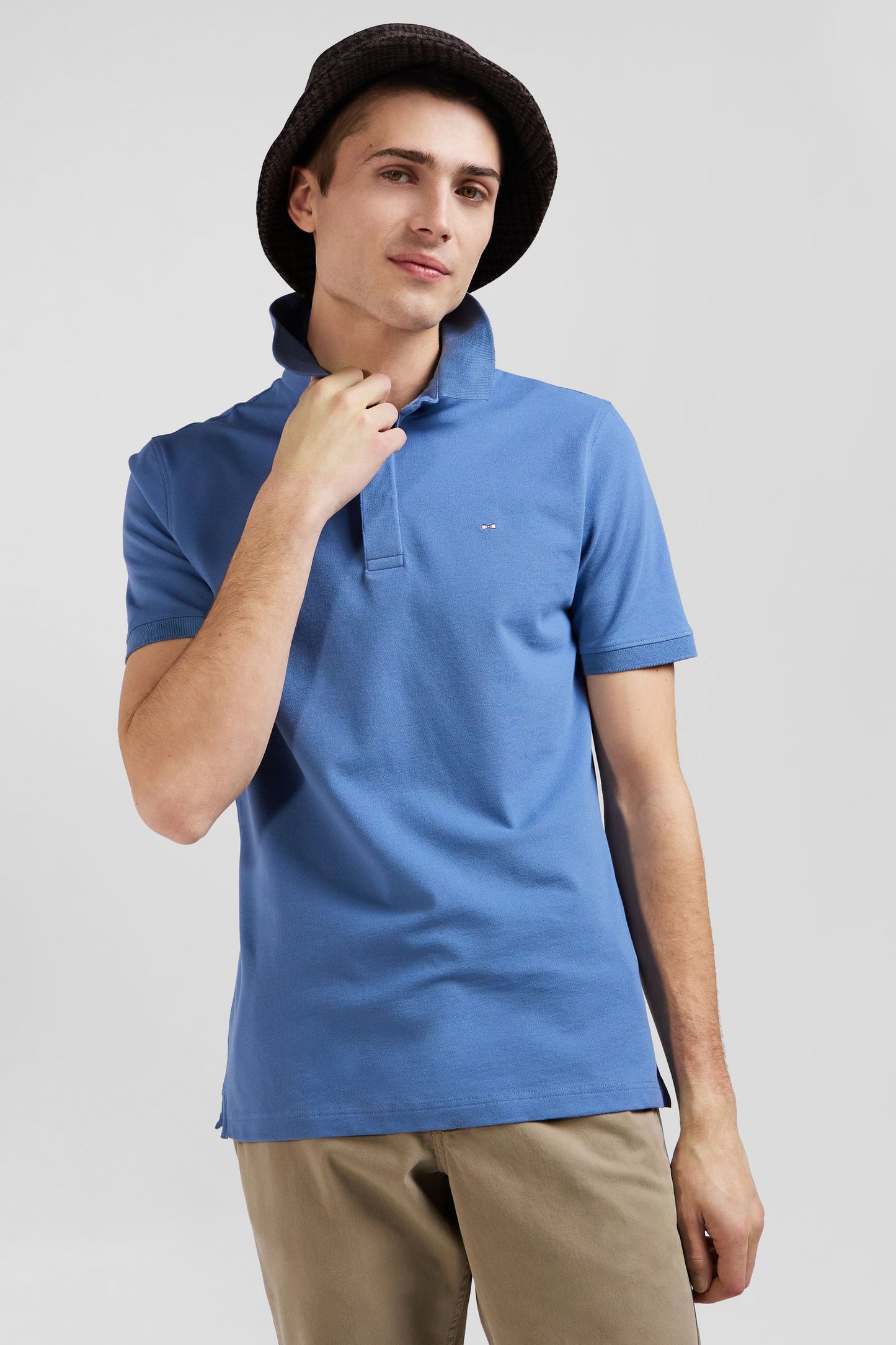 Slim blue short-sleeved stretch cotton polo shirt