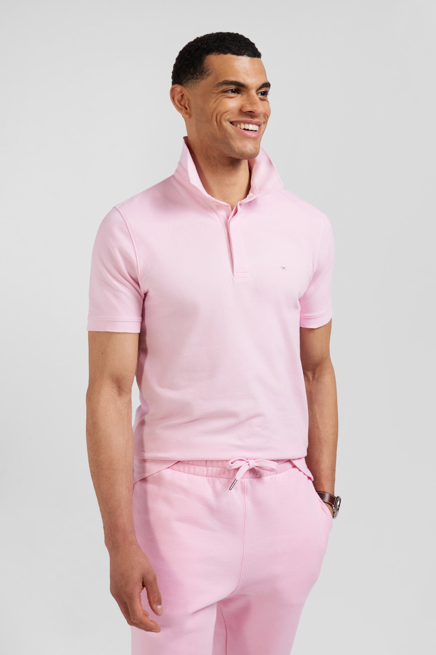 Slim pink short-sleeved stretch cotton polo shirt