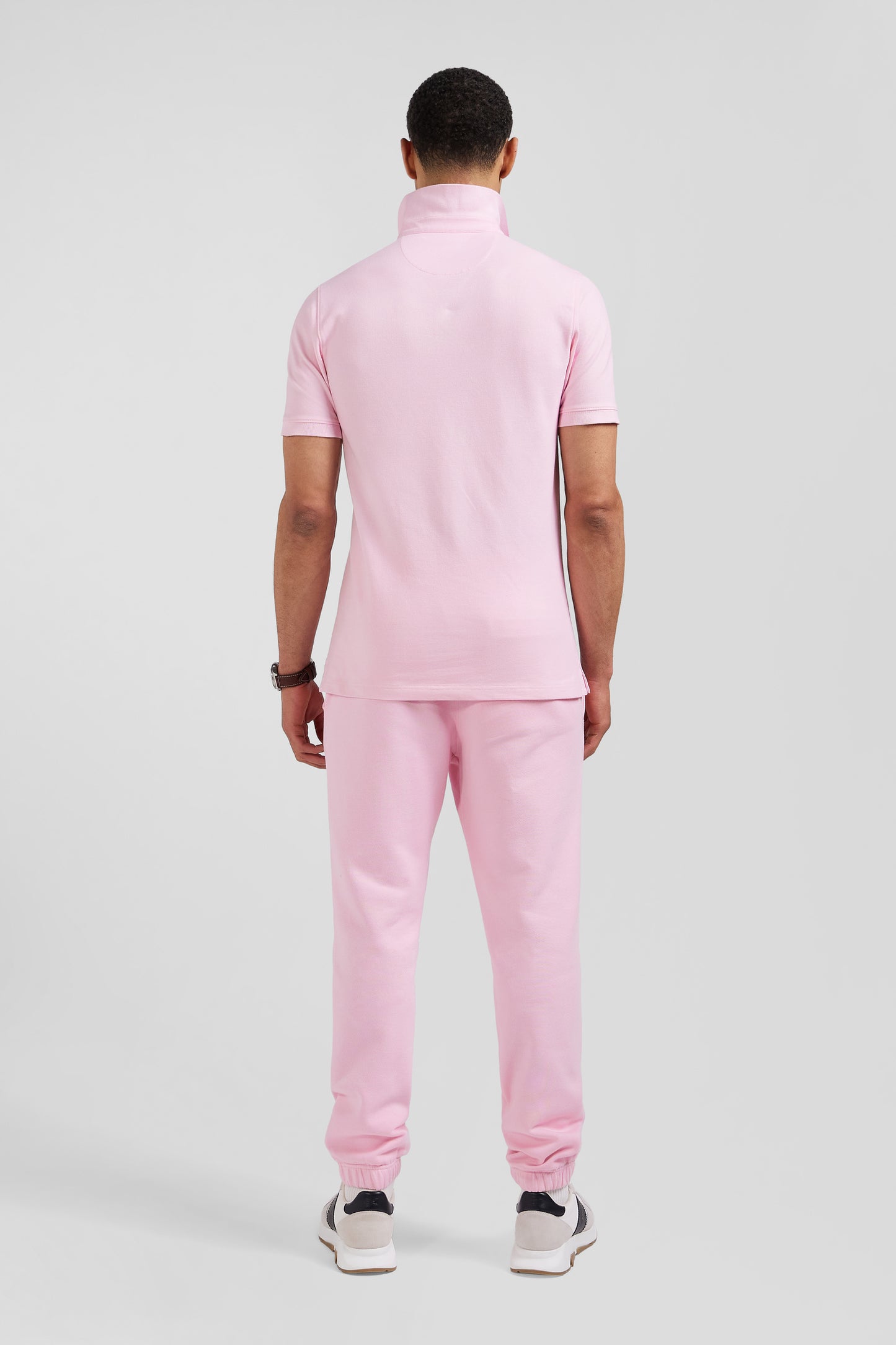 Slim pink short-sleeved stretch cotton polo shirt