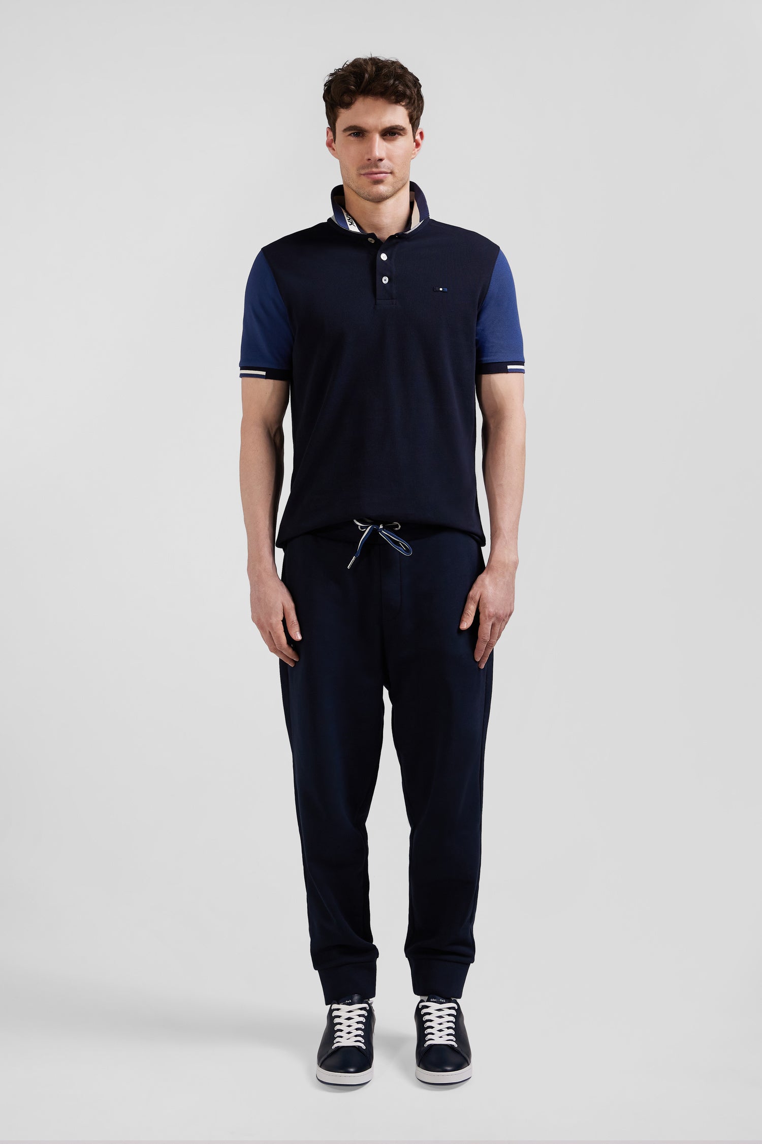 Regular navy blue short-sleeved cotton piqué polo shirt with Eden Park jacquard collar