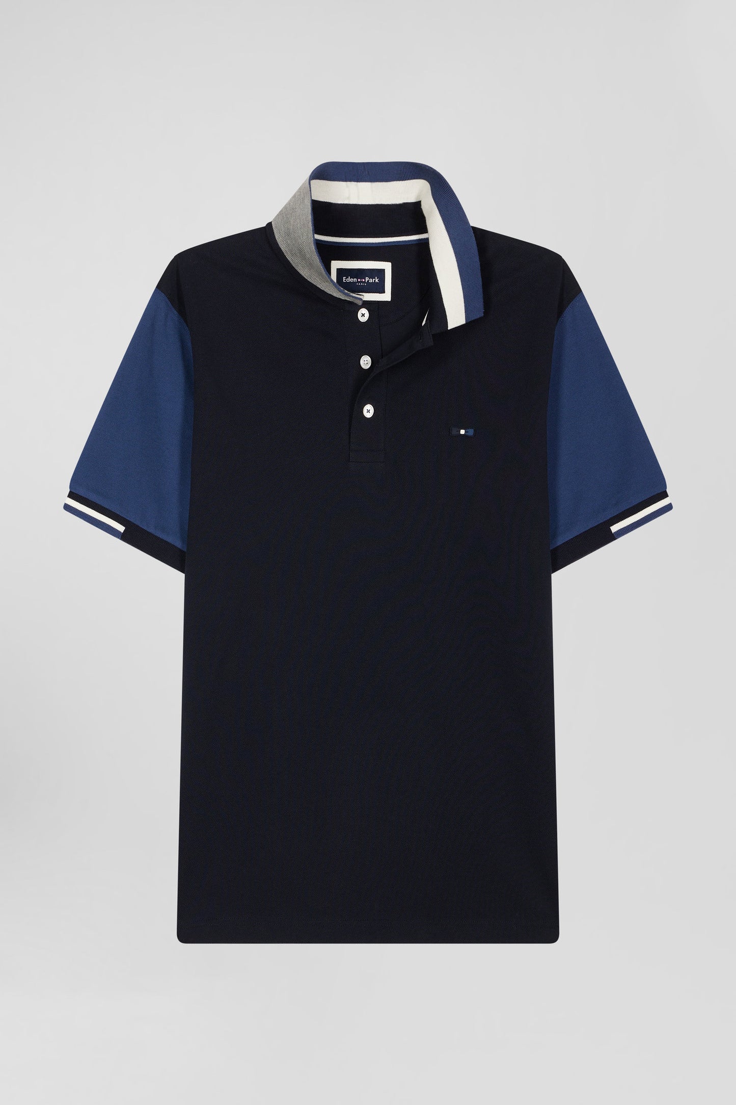 Regular navy blue short-sleeved cotton piqué polo shirt with Eden Park jacquard collar