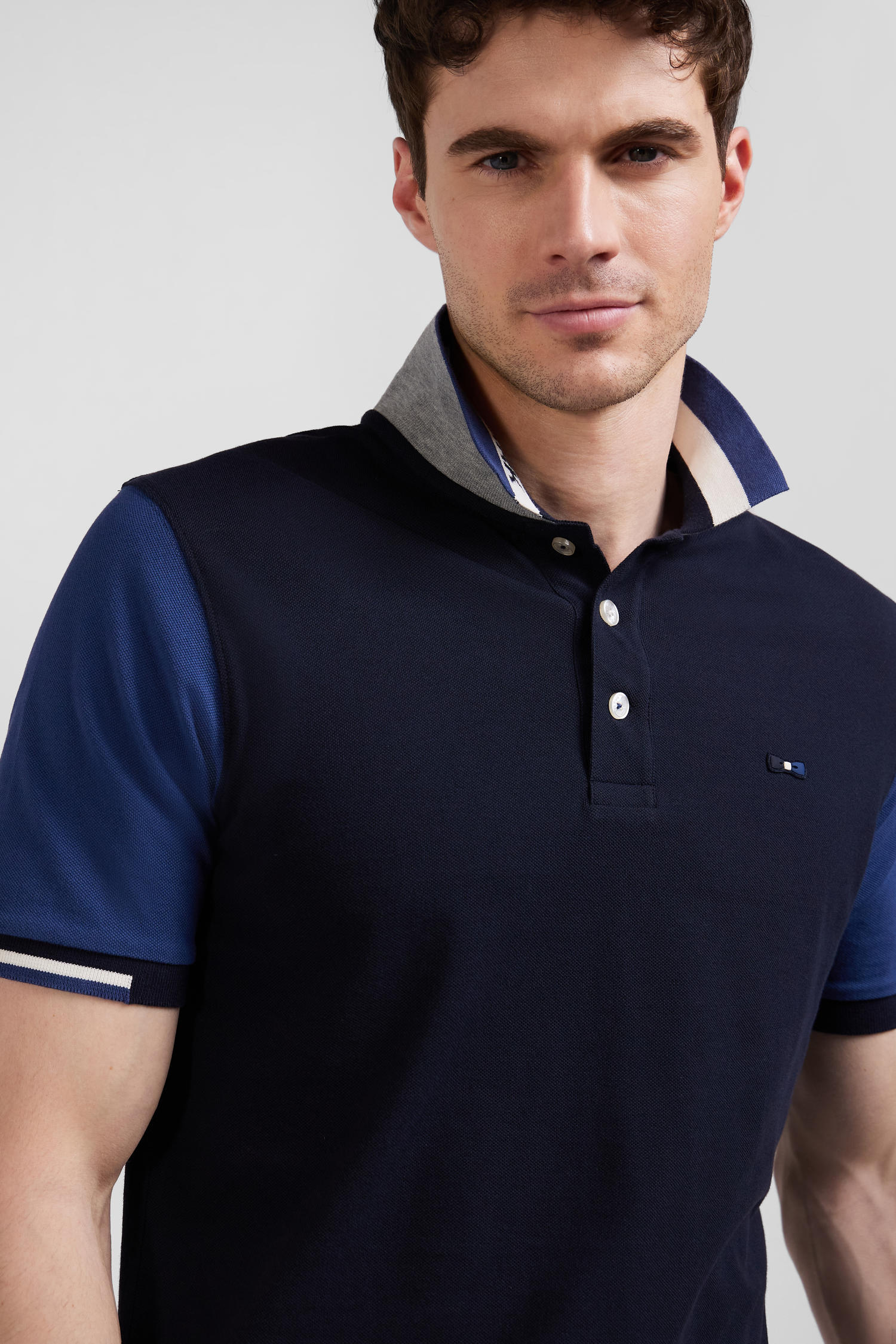 Regular navy blue short-sleeved cotton piqué polo shirt with Eden Park jacquard collar