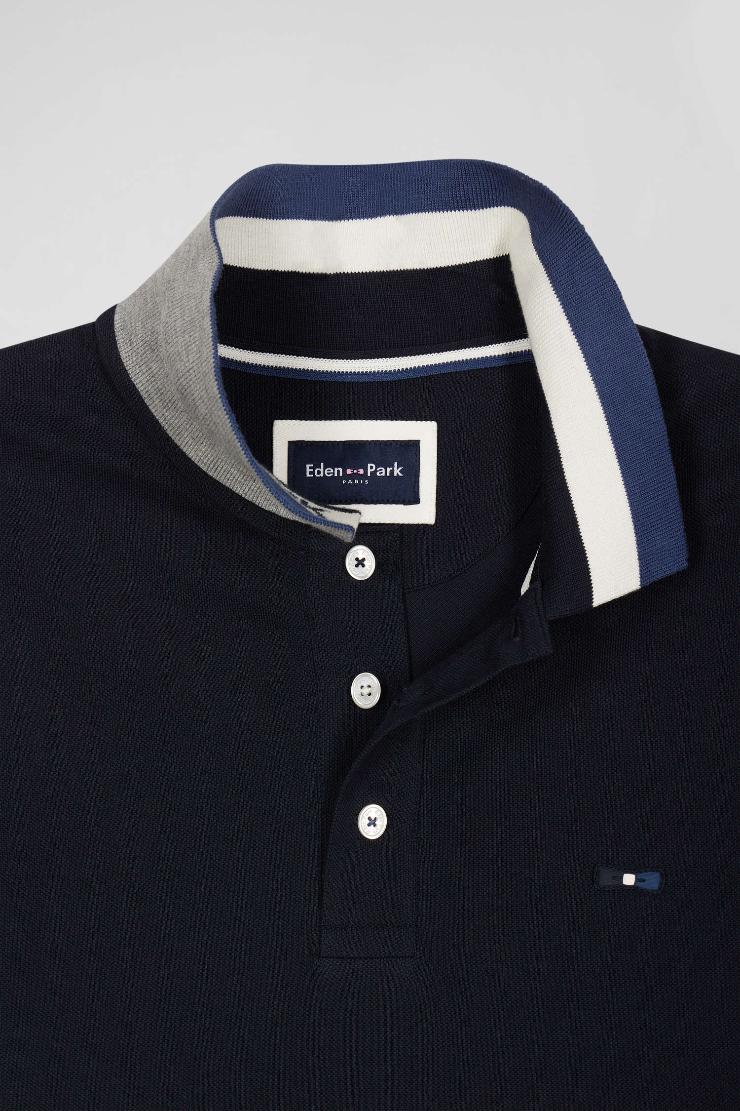 Regular navy blue short-sleeved cotton piqué polo shirt with Eden Park jacquard collar