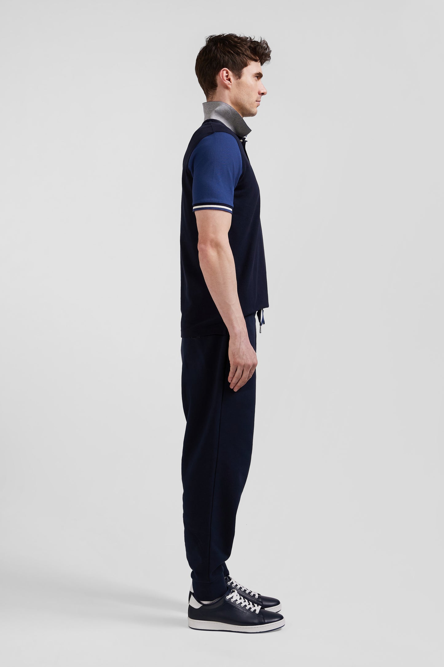 Regular navy blue short-sleeved cotton piqué polo shirt with Eden Park jacquard collar