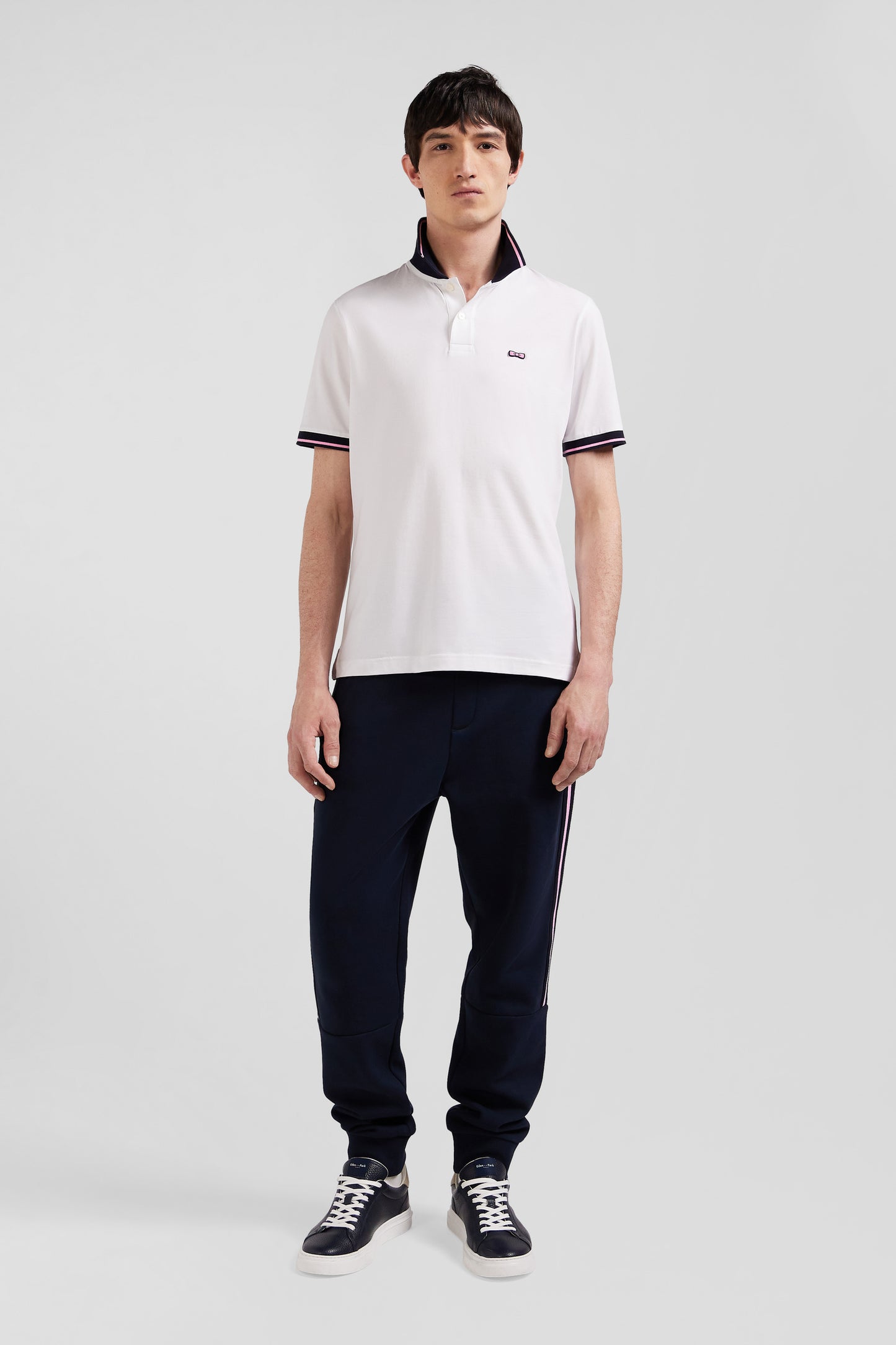 Slim white short-sleeved stretch cotton polo shirt with Eden Park jacquard collar