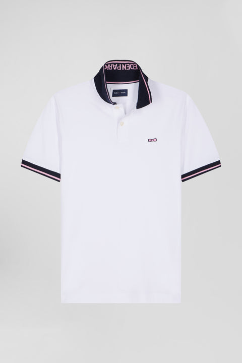 Slim white short-sleeved stretch cotton polo shirt with Eden Park jacquard collar - Image 2
