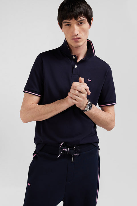 Slim navy blue short-sleeved stretch cotton polo shirt with Eden Park jacquard collar - Image 3
