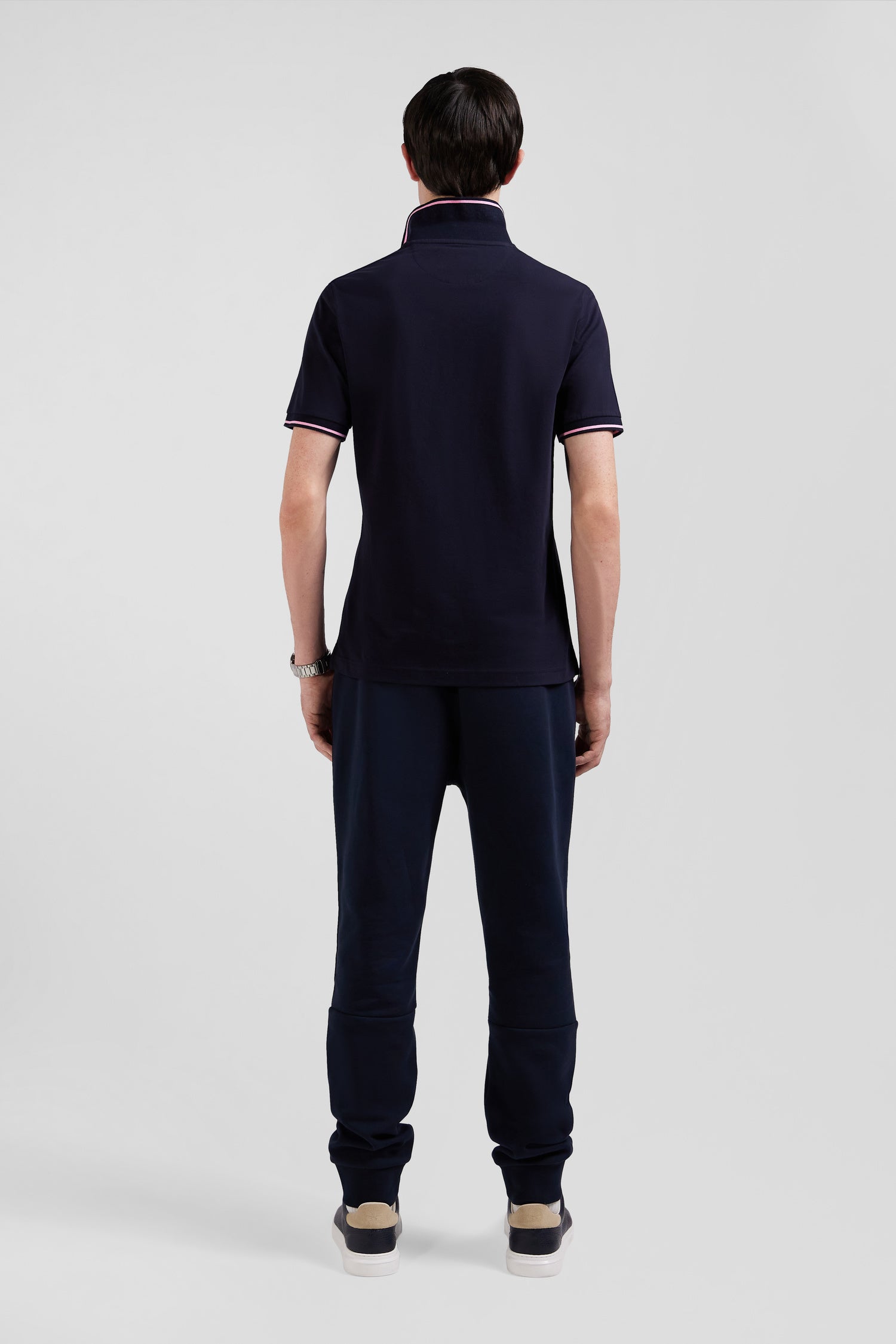 Slim navy blue short-sleeved stretch cotton polo shirt with Eden Park jacquard collar