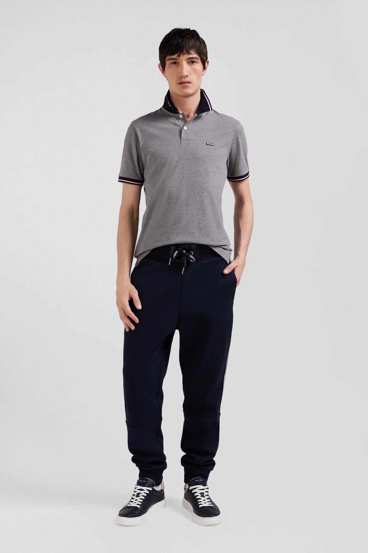 Slim grey short-sleeved stretch cotton polo shirt with Eden Park jacquard collar